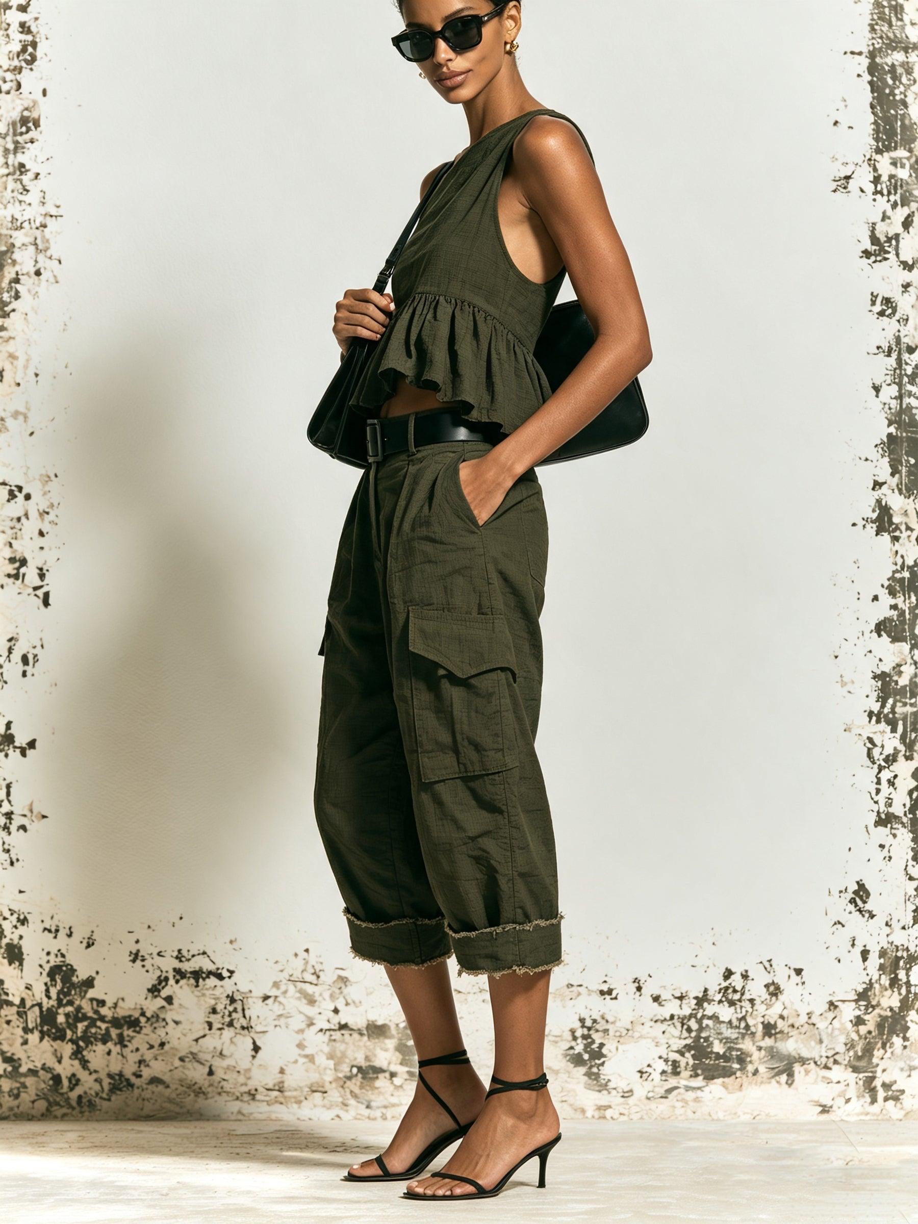 Women’s Olive Green Two Piece Set – One Shoulder Ruffle Top & Cargo Wide Leg Pants Outfit