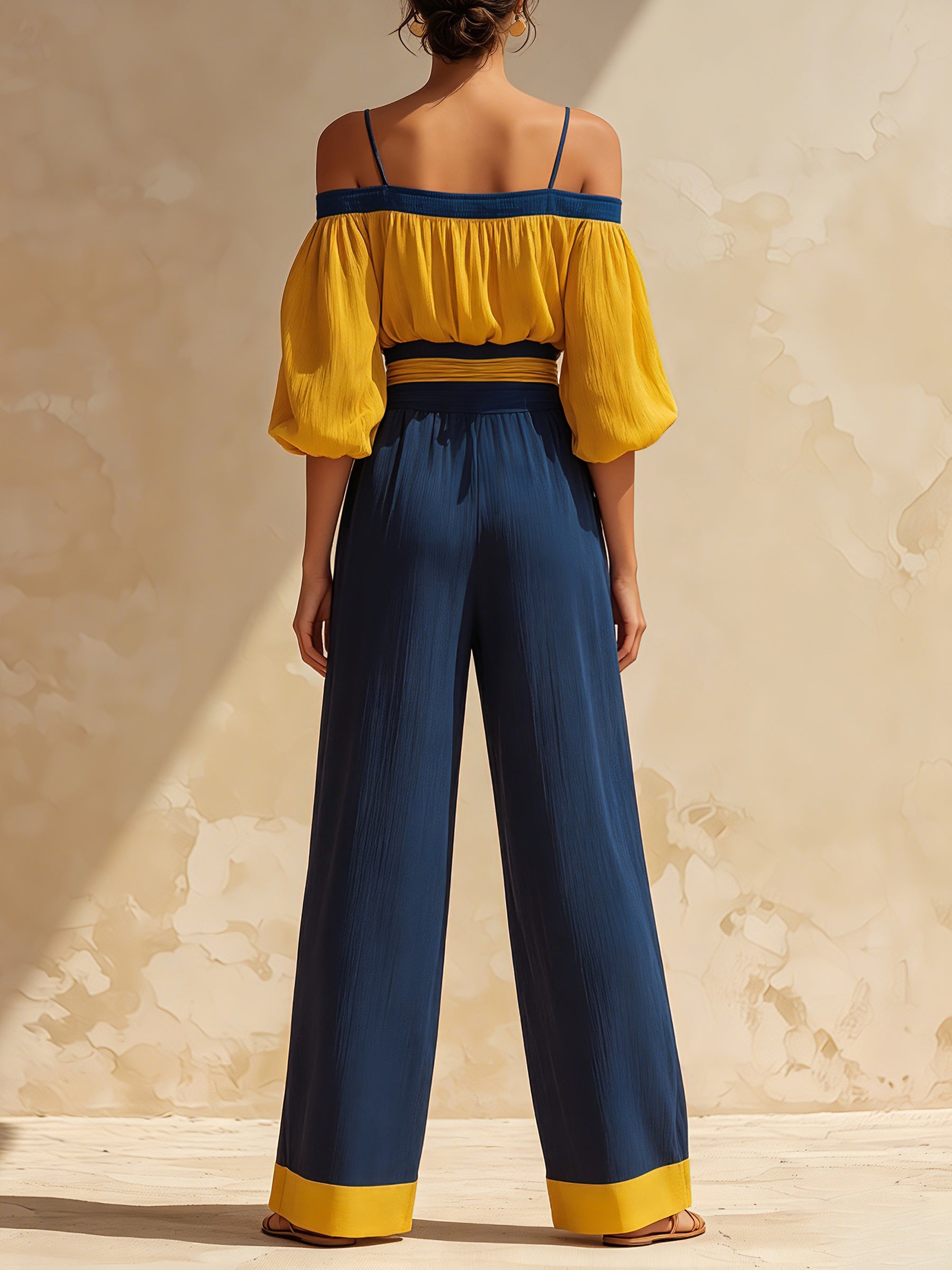 Yellow Off Shoulder Puff Sleeve Crop Top & Contrast Side Stripe Wide Leg Pants Vacation Two Piece Outfit Set