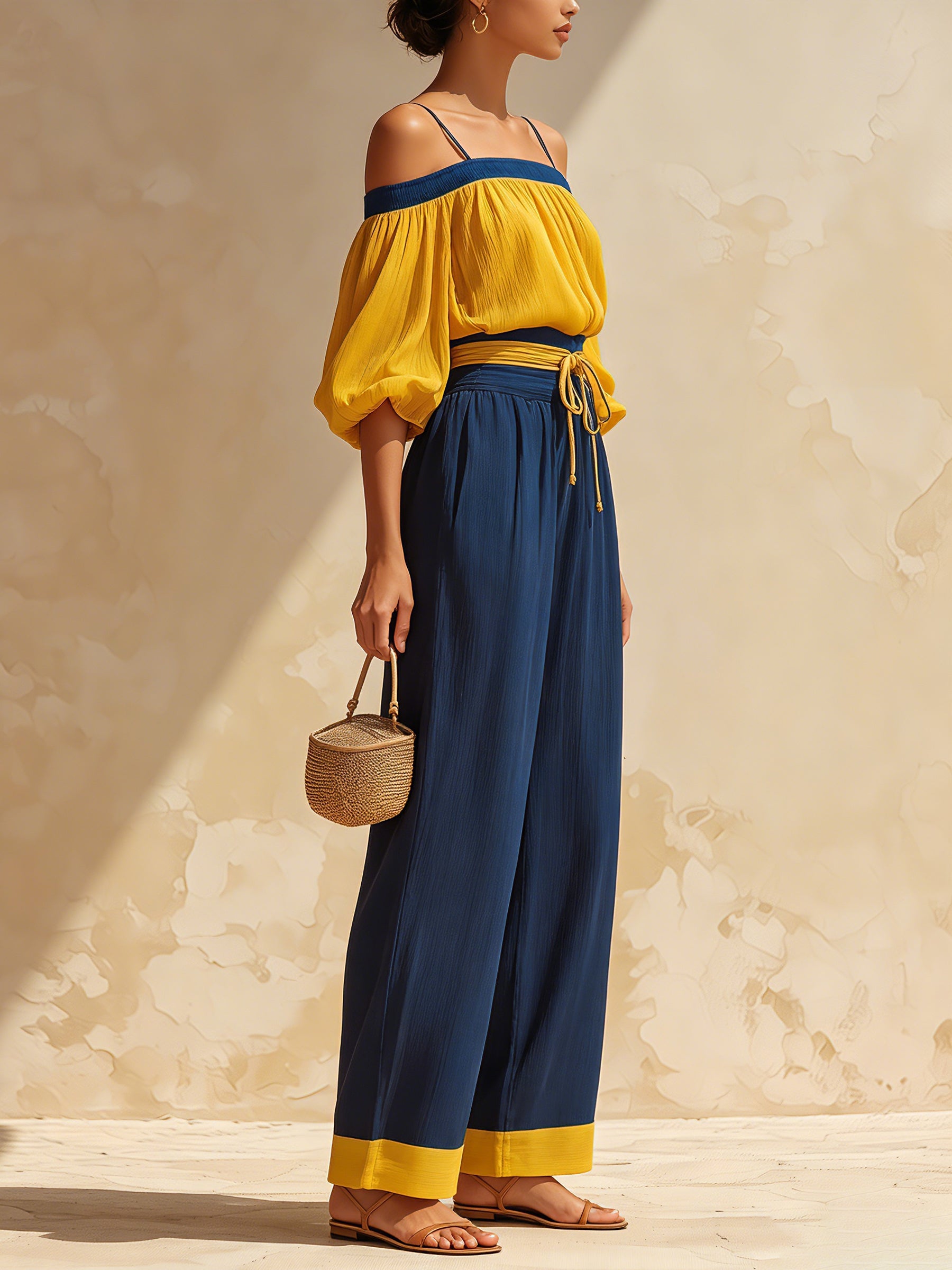 Yellow Off Shoulder Puff Sleeve Crop Top & Contrast Side Stripe Wide Leg Pants Vacation Two Piece Outfit Set