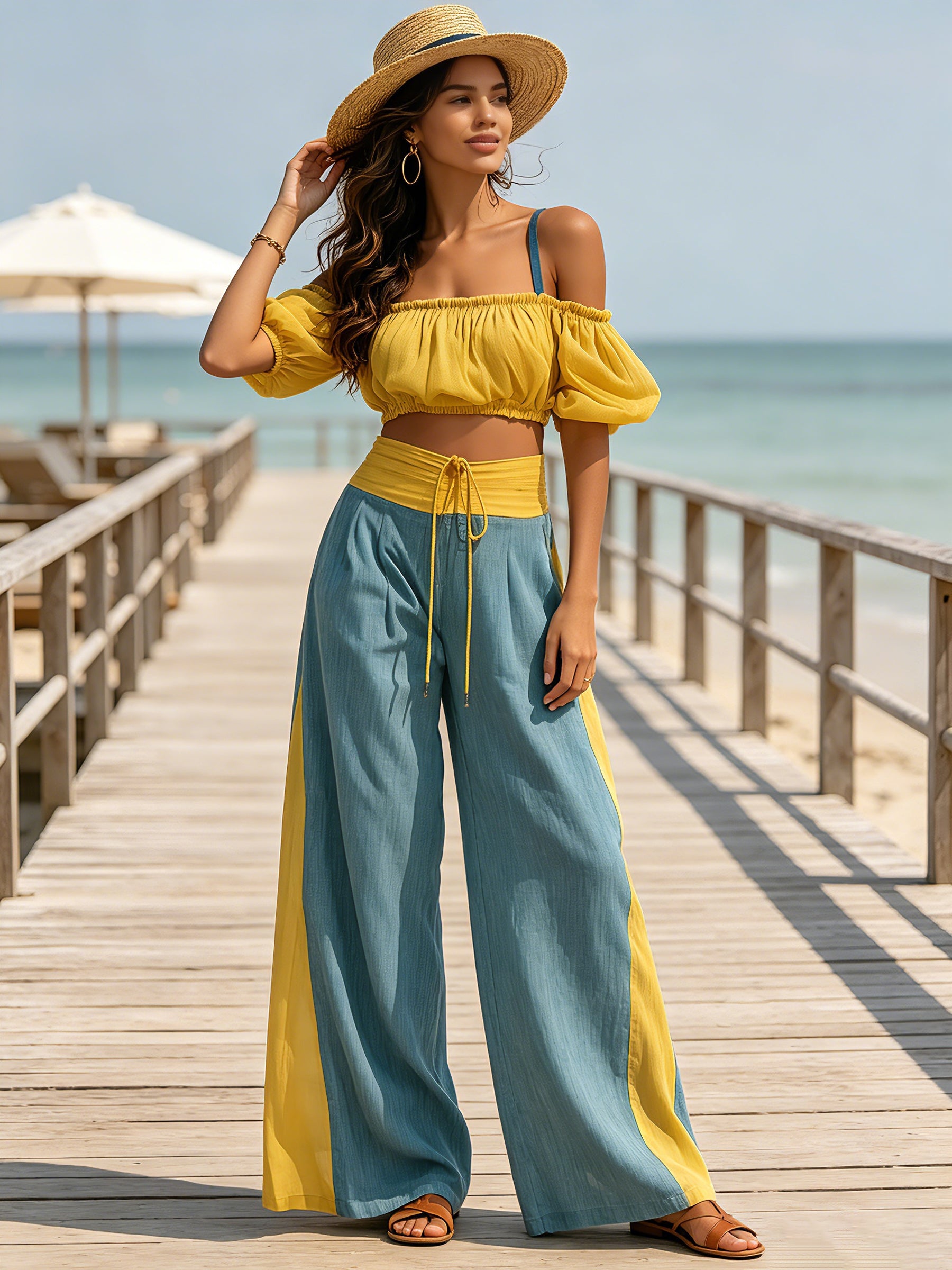 Women's Off Shoulder Puff Sleeve Color Block Crop Top & Wide Leg Pants Two Piece Set