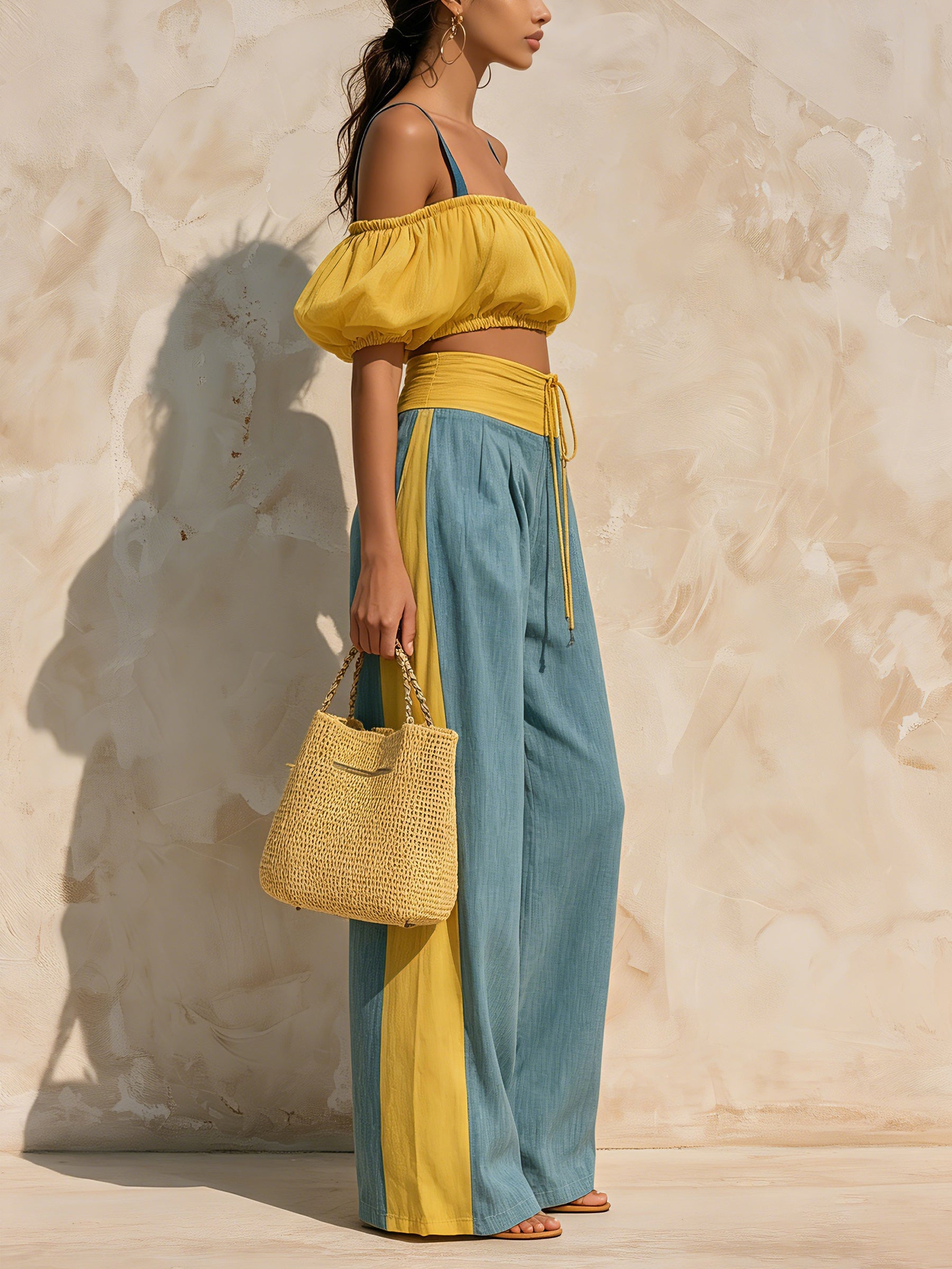 Women's Off Shoulder Puff Sleeve Color Block Crop Top & Wide Leg Pants Two Piece Set