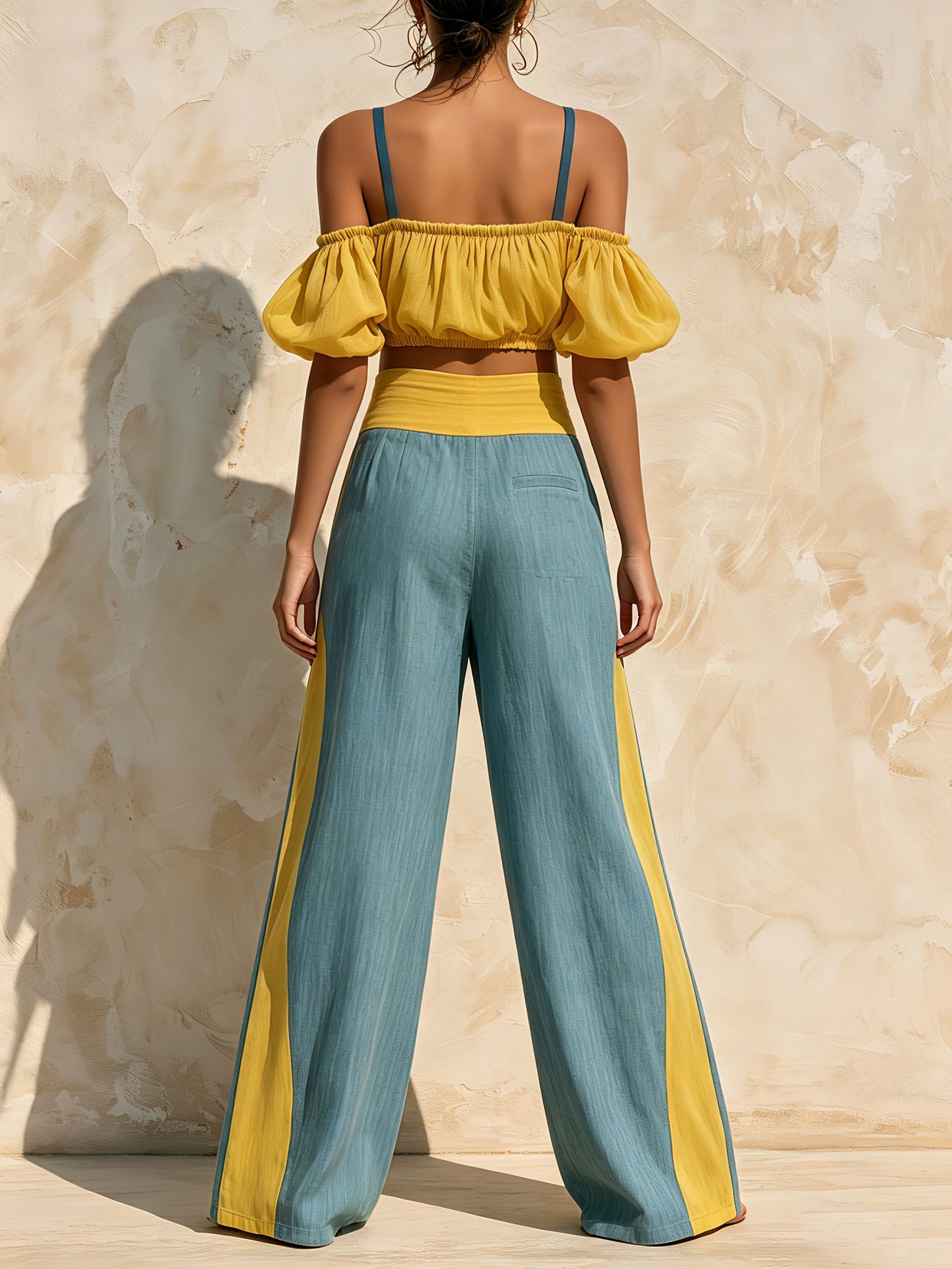 Women's Off Shoulder Puff Sleeve Color Block Crop Top & Wide Leg Pants Two Piece Set