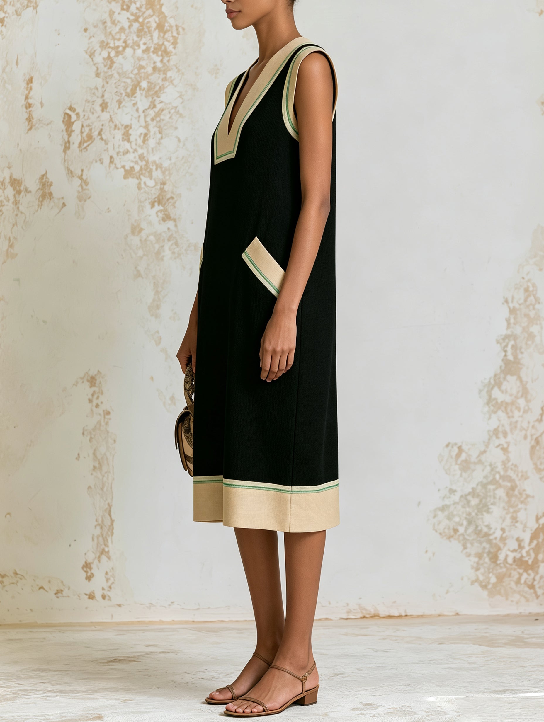 Minimalist Black V-Neck Shift Dress – Contrast Trim Pocket Midi Dress For Elegant Women
