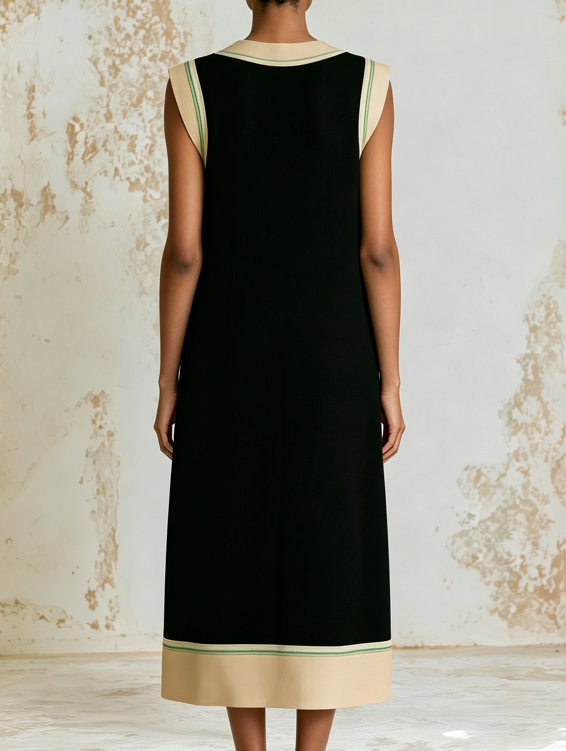 Minimalist Black V-Neck Shift Dress – Contrast Trim Pocket Midi Dress For Elegant Women