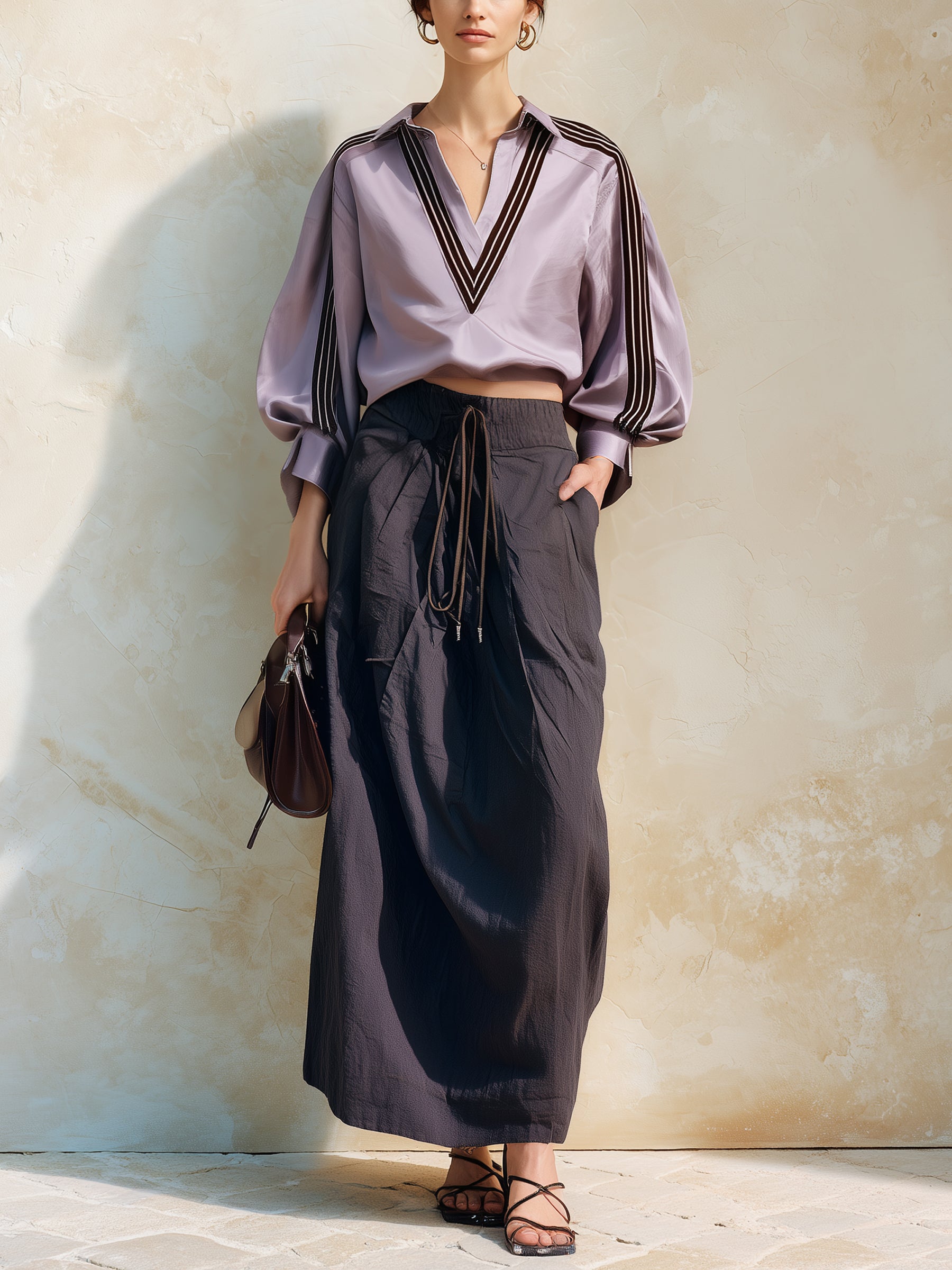 Women's Contrast Stripe V-Neck Blouse & High Waist Wide Leg Pants Two Piece Set