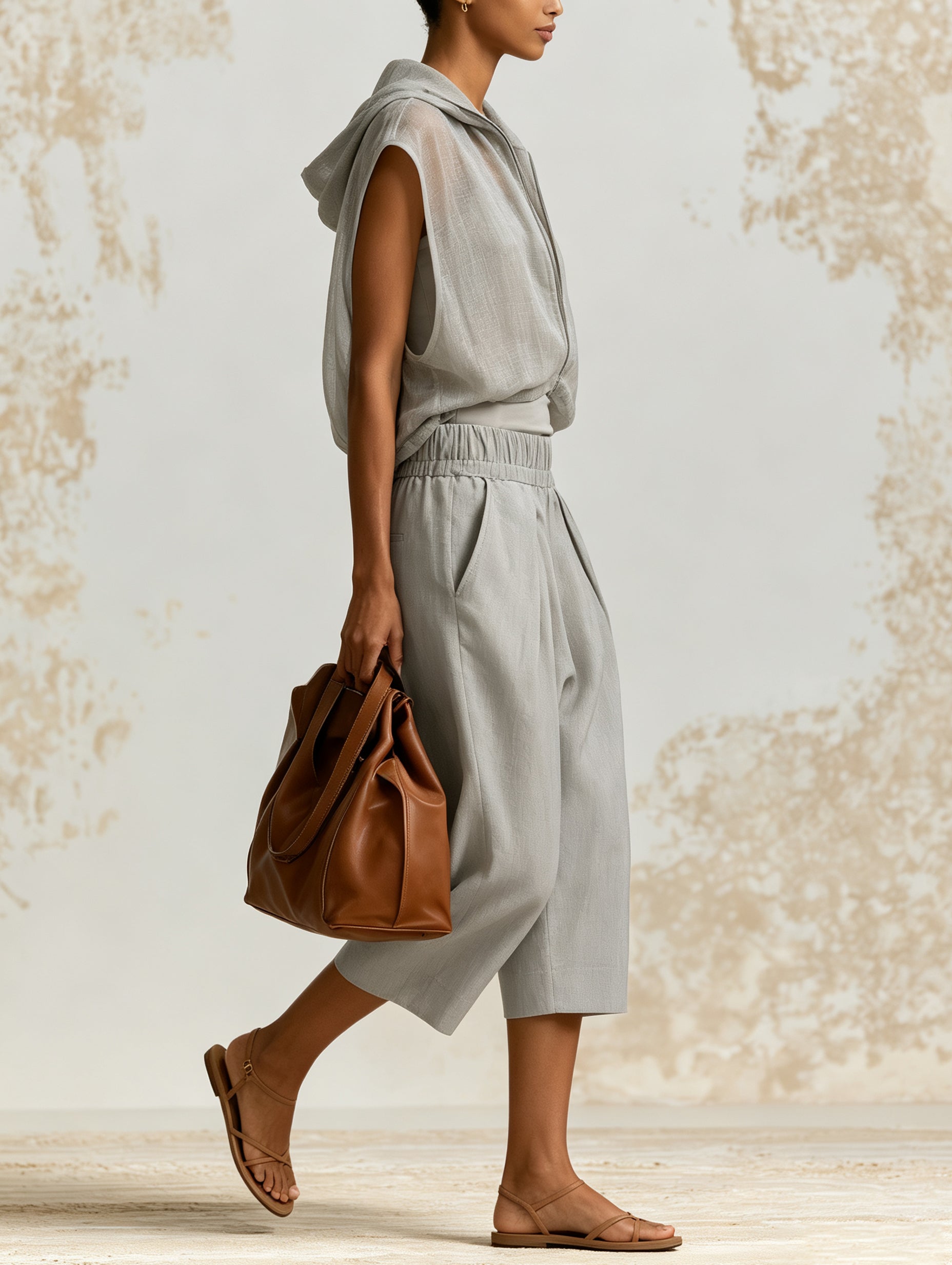 Minimalist Gray Hooded Two-Piece Set – Lightweight Zip Vest & Relaxed Bermuda Shorts Outfit For Women