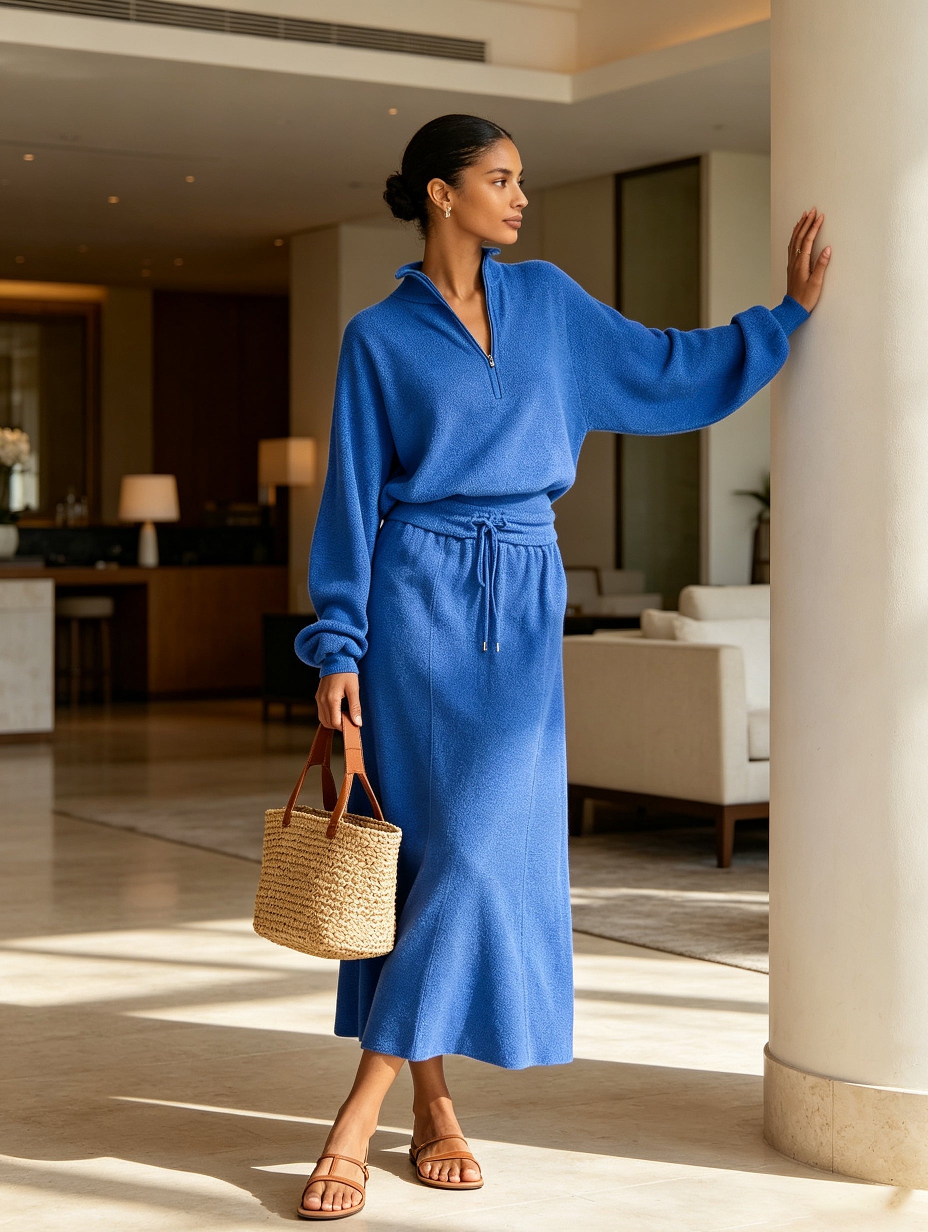 Royal Blue Half-Zip Knit Set – Elegant Long Sleeve Pullover & Midi Skirt Matching Outfit For Women