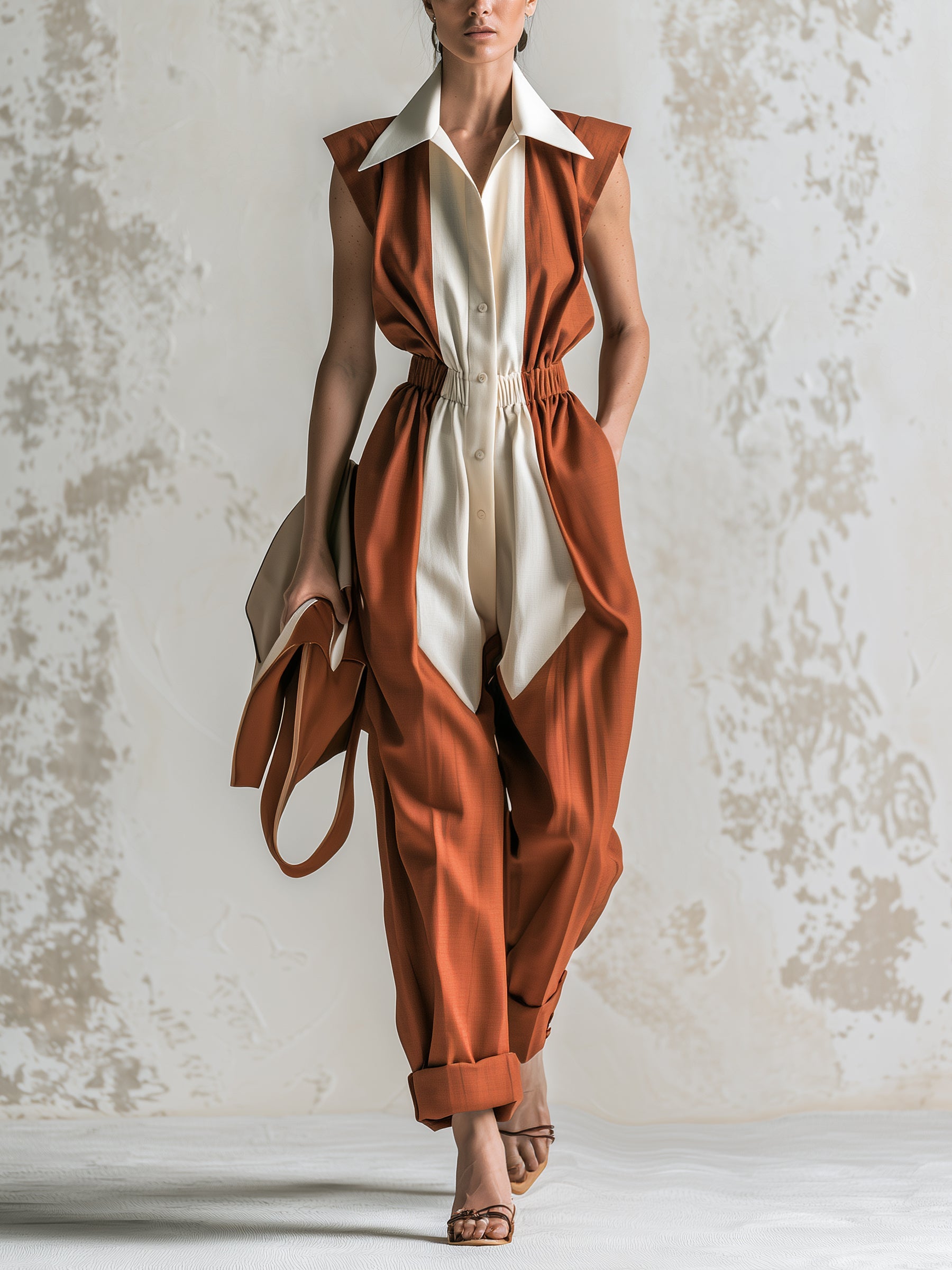 Women’s Color Block Sleeveless Jumpsuit – Elegant Collared Wide Leg Utility Romper With Cinched Waist