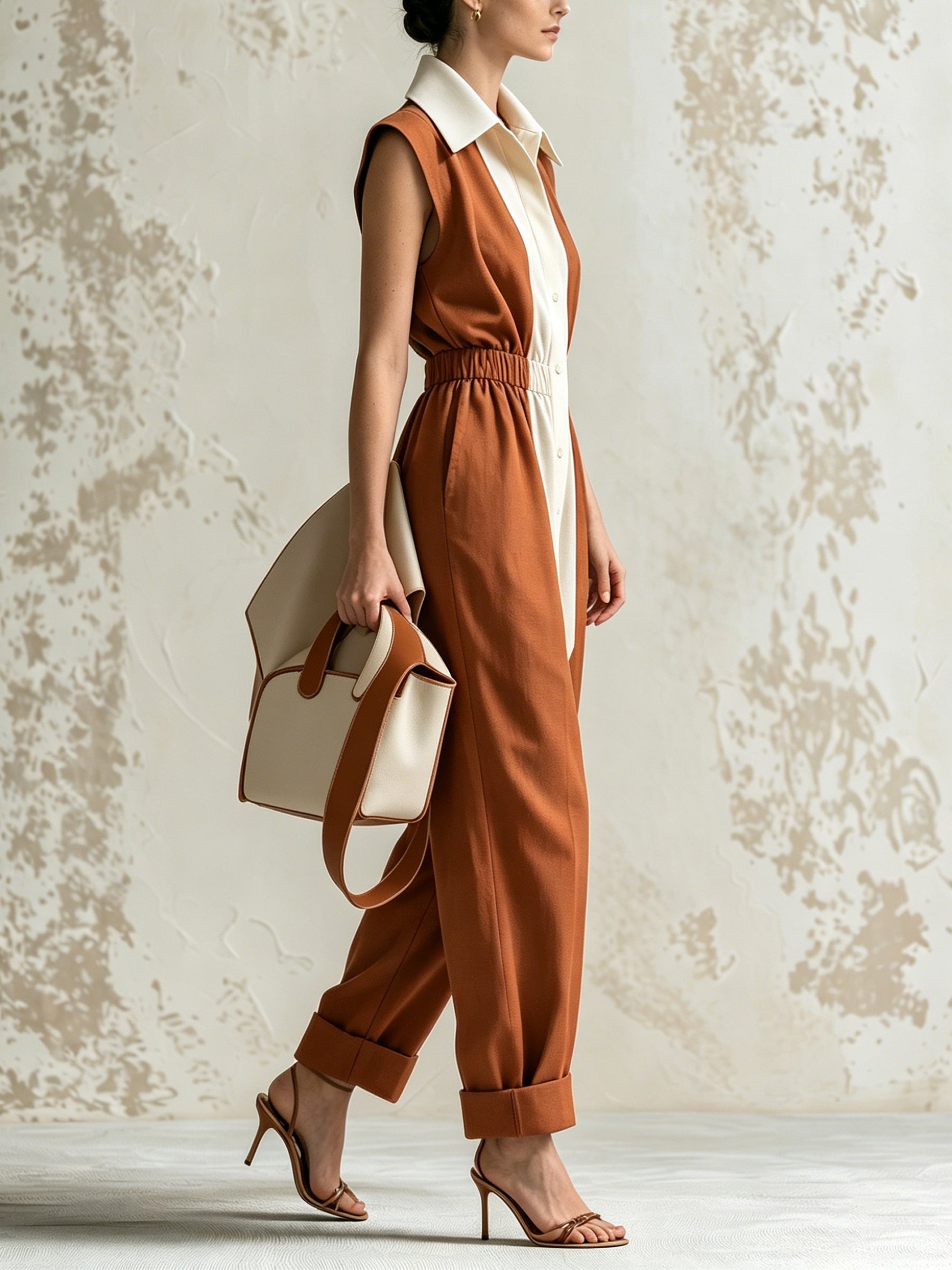 Women’s Color Block Sleeveless Jumpsuit – Elegant Collared Wide Leg Utility Romper With Cinched Waist