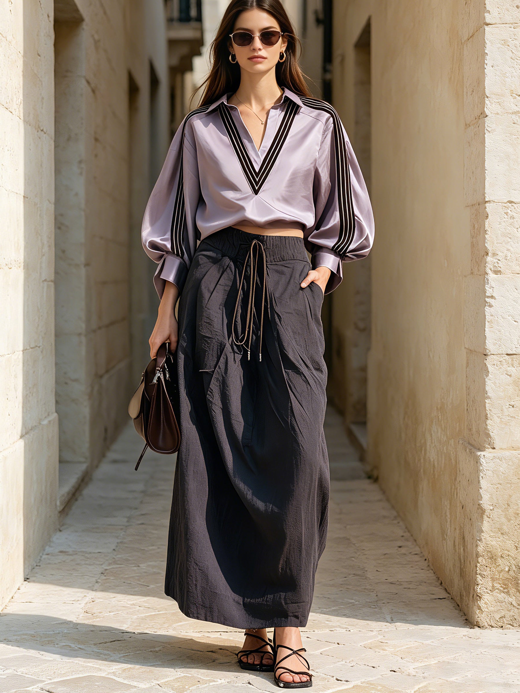 Women's Contrast Stripe V-Neck Blouse & High Waist Wide Leg Pants Two Piece Set