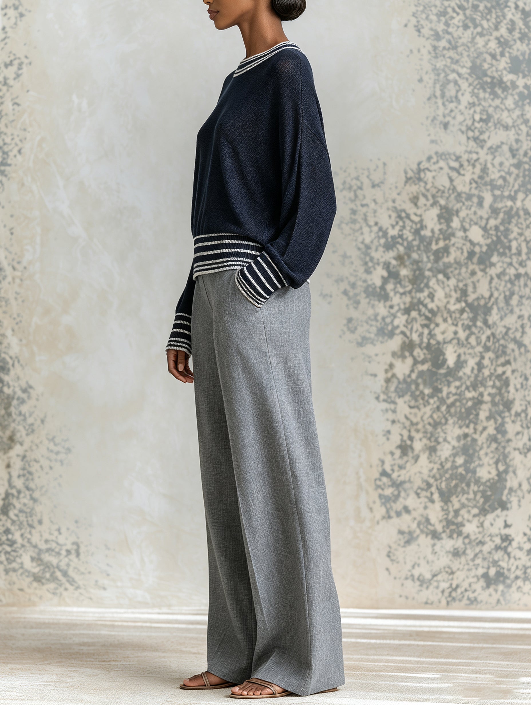 Navy Striped Knit Sweater – Elegant Long Sleeve Pullover With Ribbed Trim For Women
