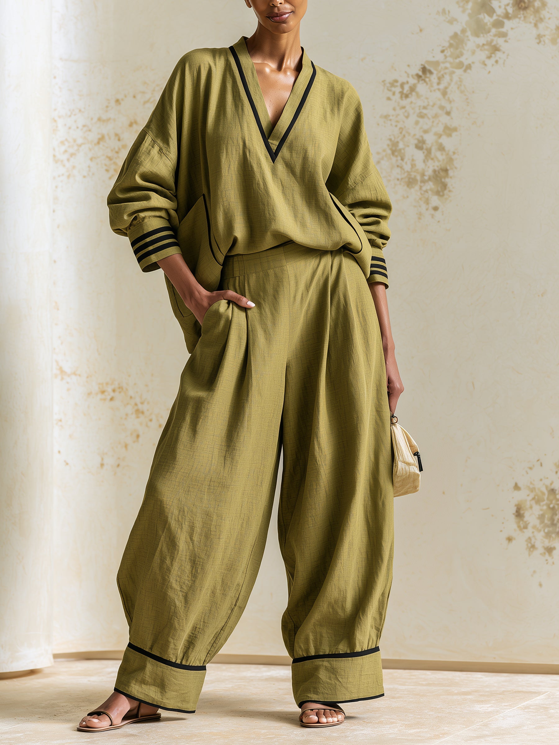 Women’s Olive Green Two Piece Set – V Neck Oversized Top & Wide Leg Pants Outfit