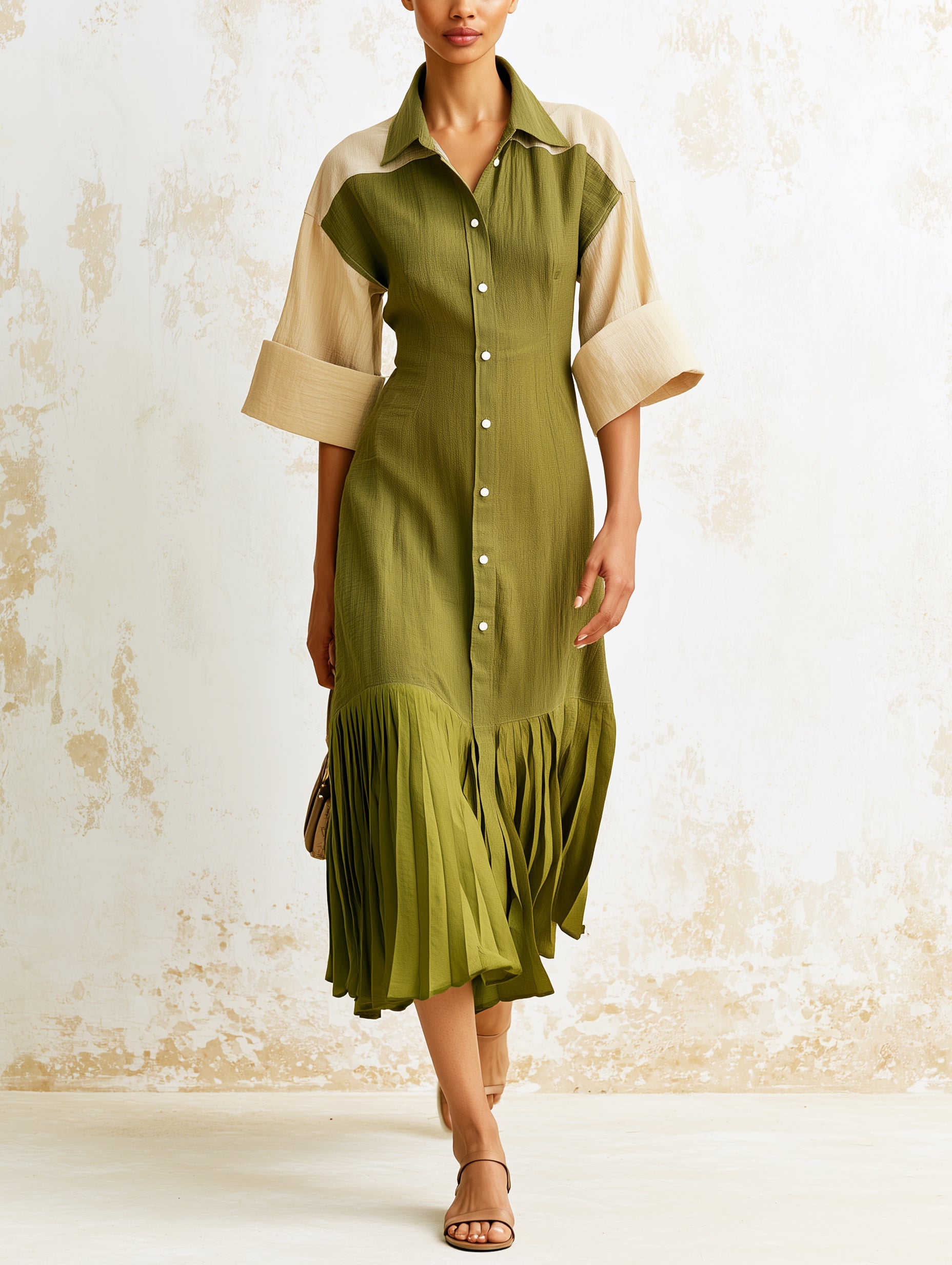 Olive Green Contrast Shirt Dress – Elegant Button Front Midi Dress With Pleated Hem For Women