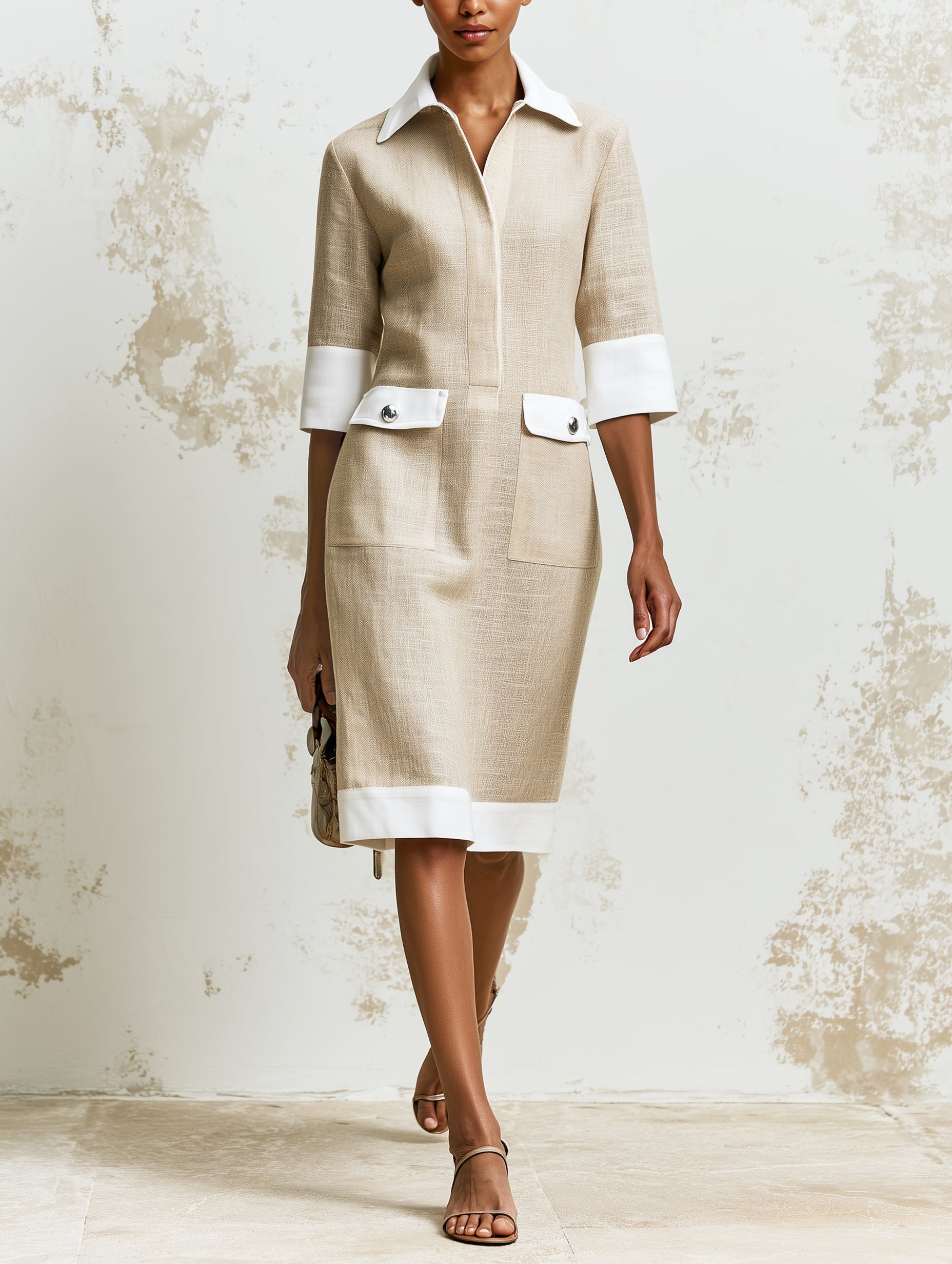Elegant Beige Contrast Trim Shirt Dress – Minimalist Collared Midi Dress With Pocket Detail For Women