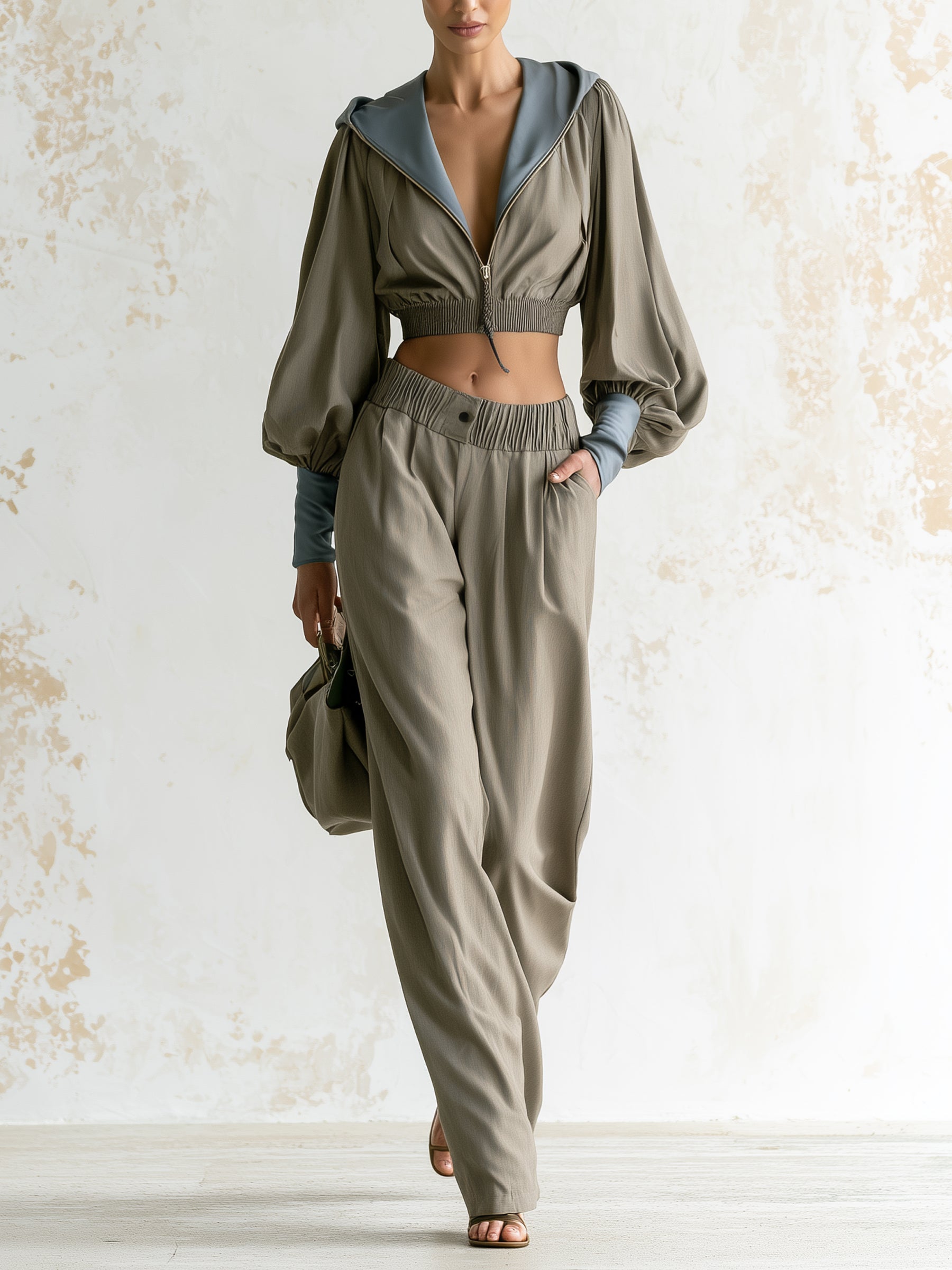 Women's Two-Piece Set – Cropped Zip-Up Hoodie And High-Waisted Wide-Leg Pants Set