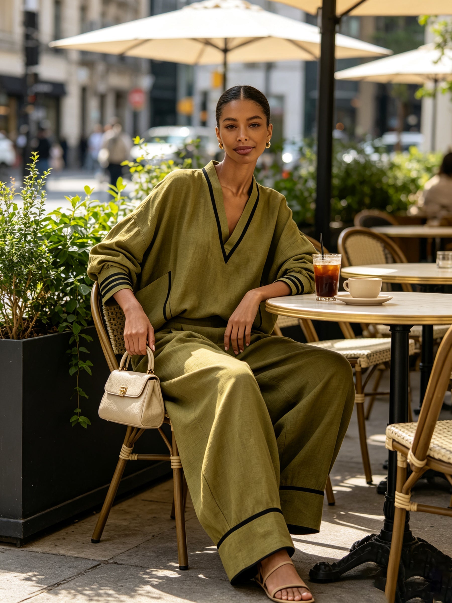 Women’s Olive Green Two Piece Set – V Neck Oversized Top & Wide Leg Pants Outfit