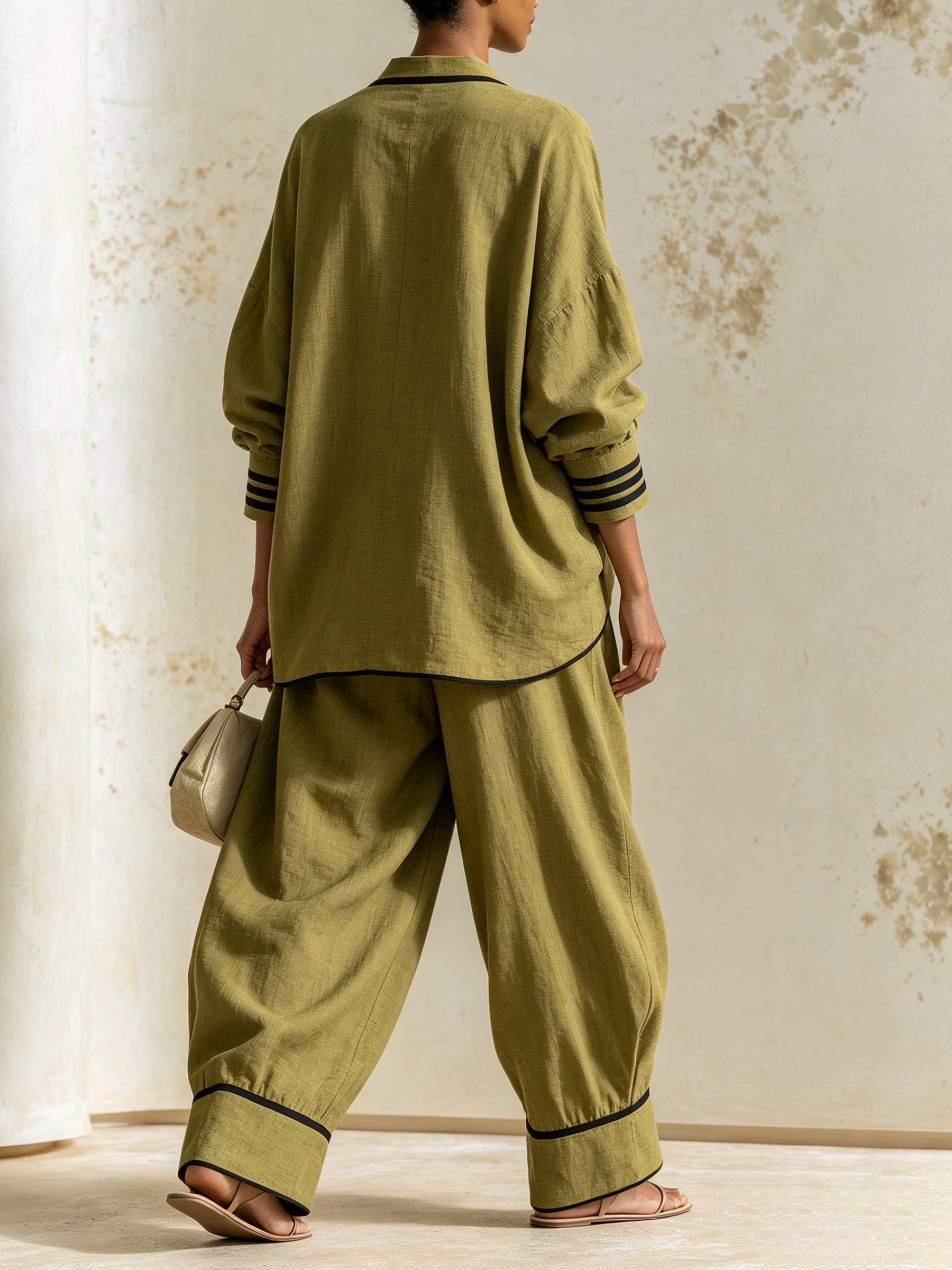 Women’s Olive Green Two Piece Set – V Neck Oversized Top & Wide Leg Pants Outfit