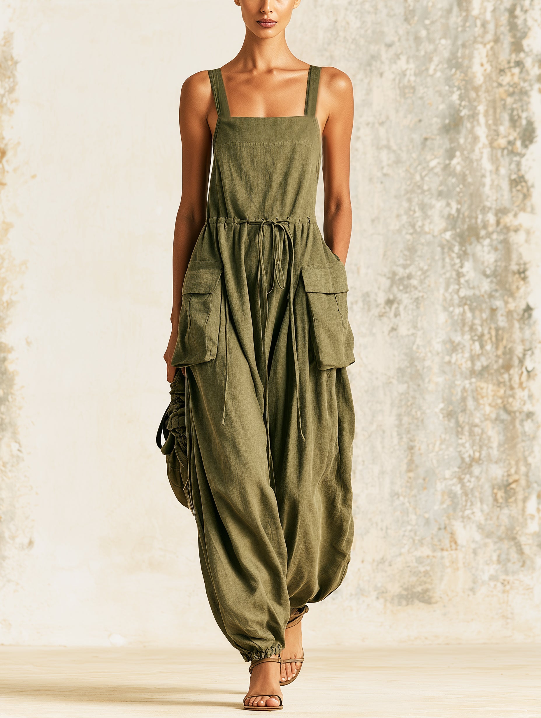 Square Neck Olive Cargo Linen Jumpsuit | Drawstring Waist Pocket Overalls