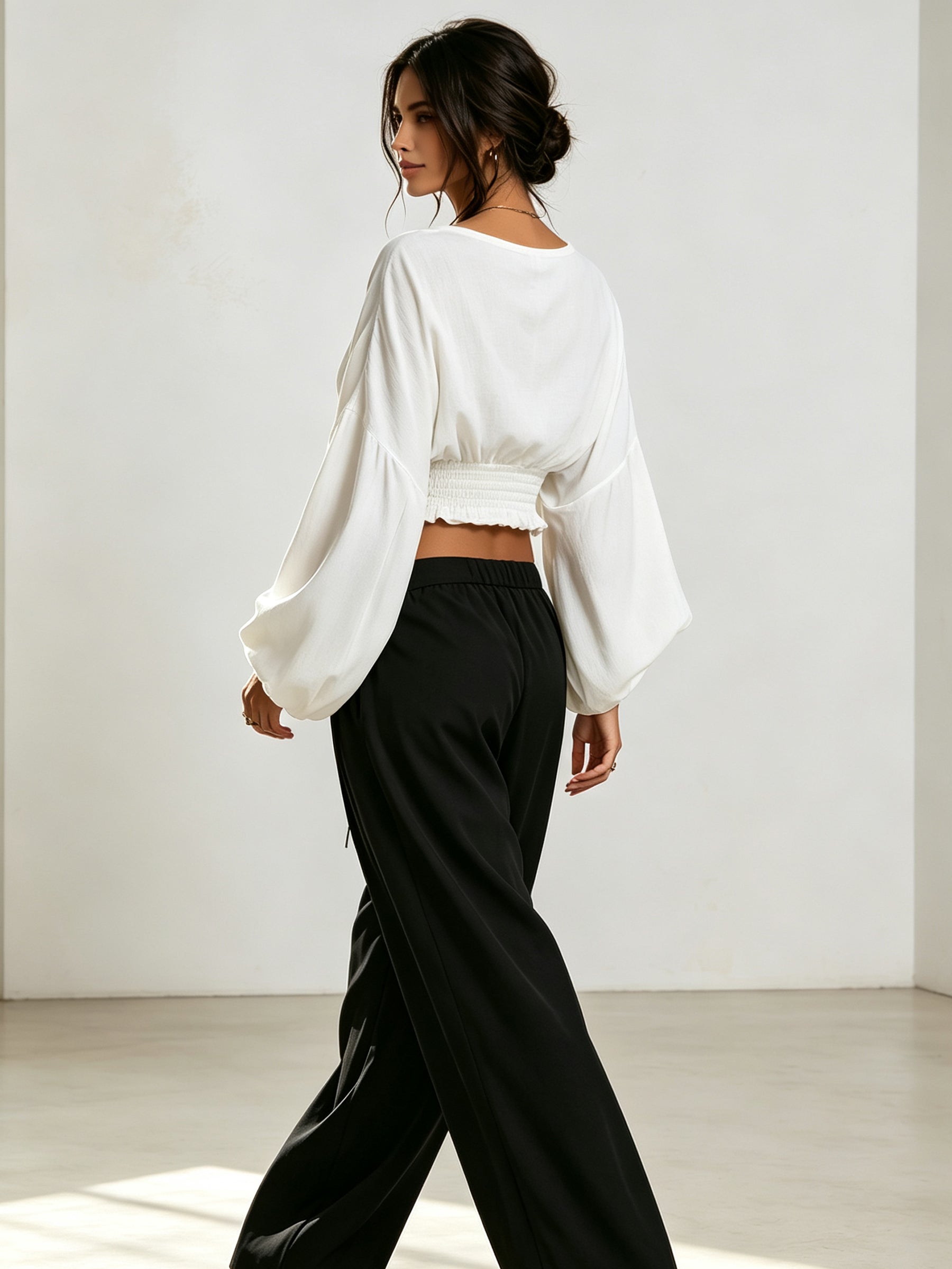 Women’s White Lace Up Crop Top – Long Sleeve Ruched Blouse With Tie Front Detail