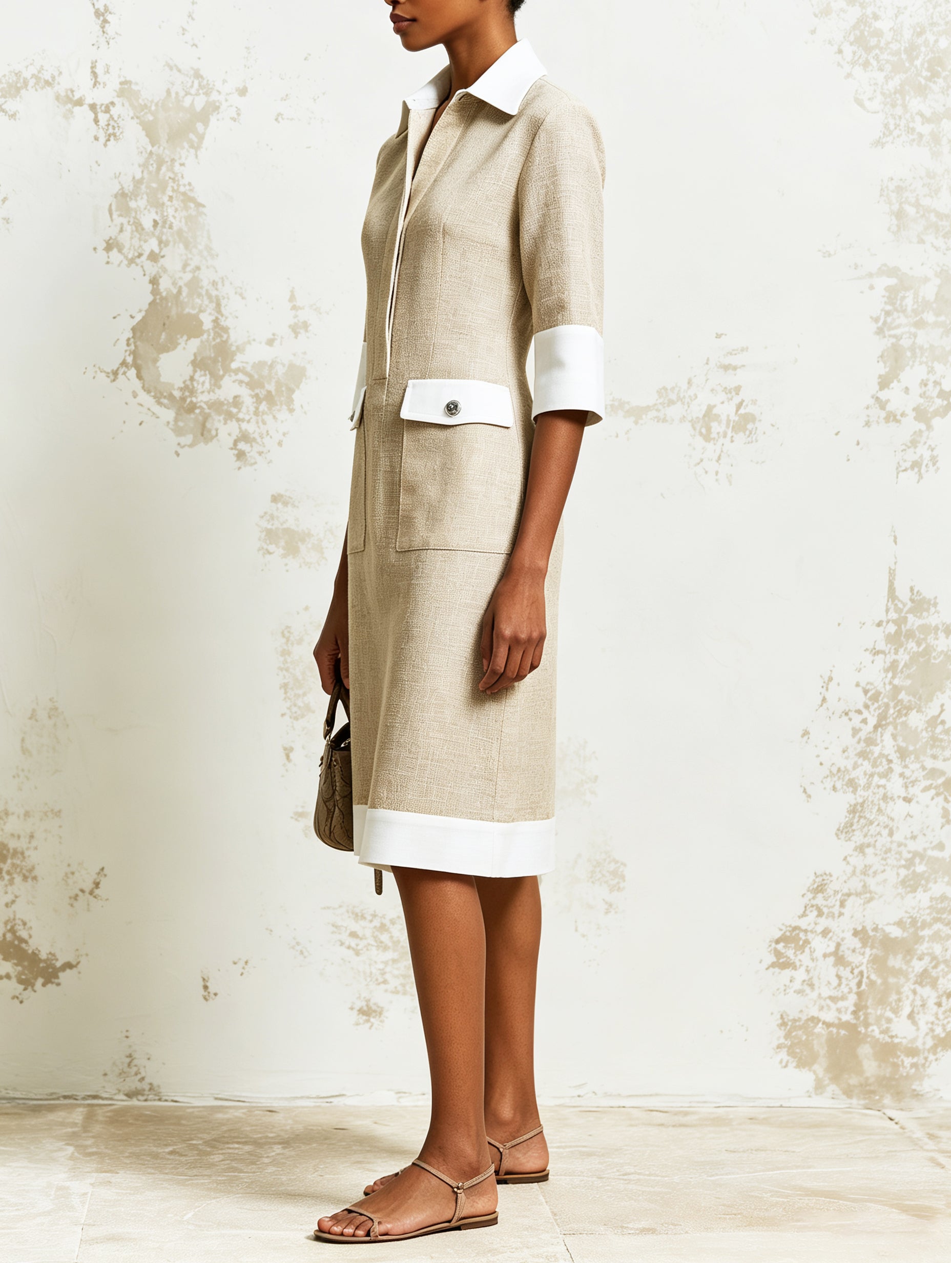 Elegant Beige Contrast Trim Shirt Dress – Minimalist Collared Midi Dress With Pocket Detail For Women