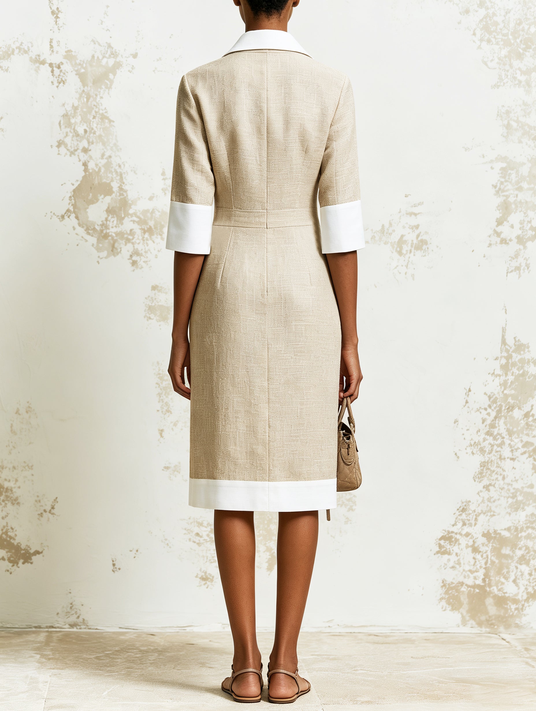 Elegant Beige Contrast Trim Shirt Dress – Minimalist Collared Midi Dress With Pocket Detail For Women