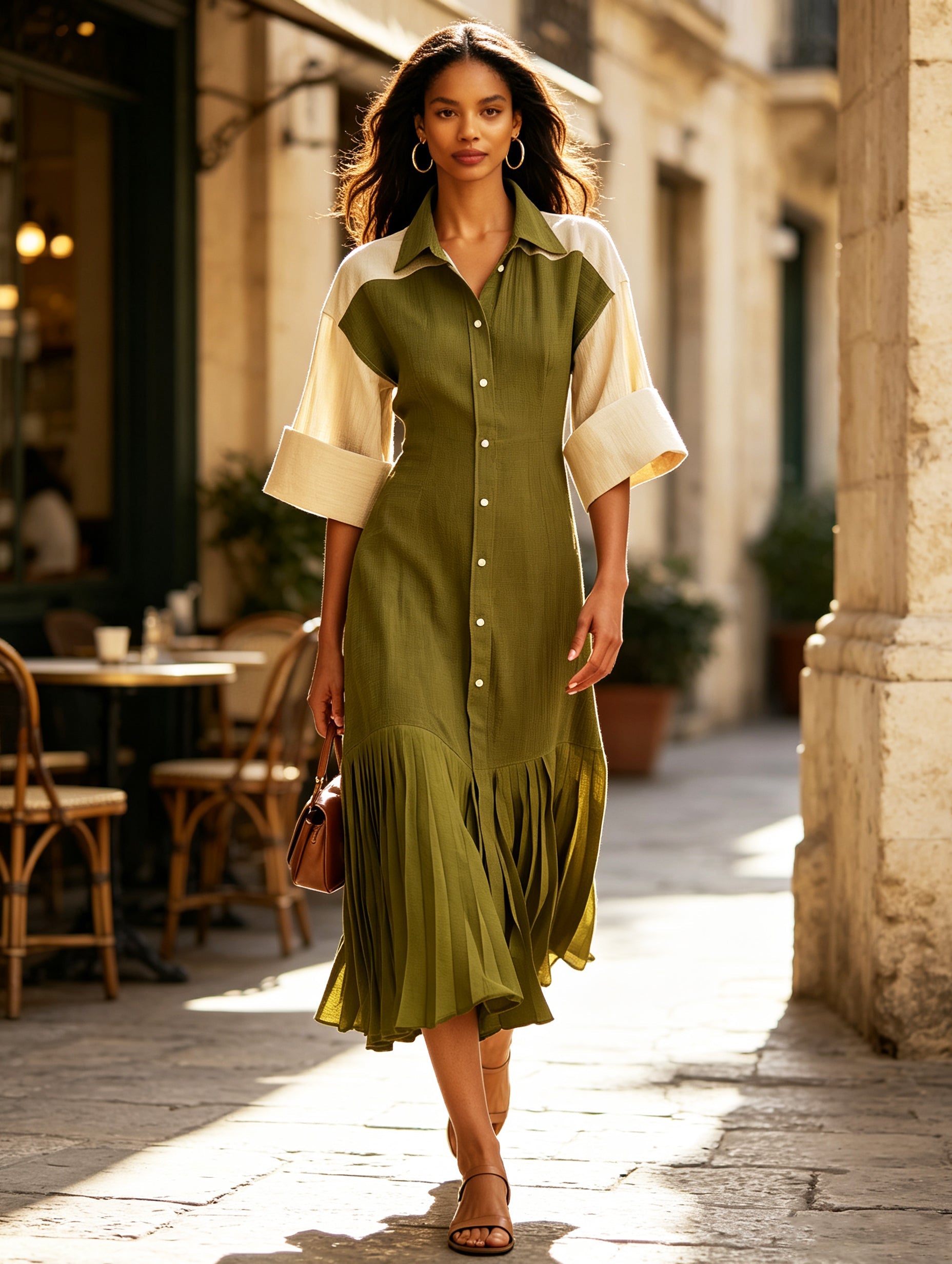 Olive Green Contrast Shirt Dress – Elegant Button Front Midi Dress With Pleated Hem For Women