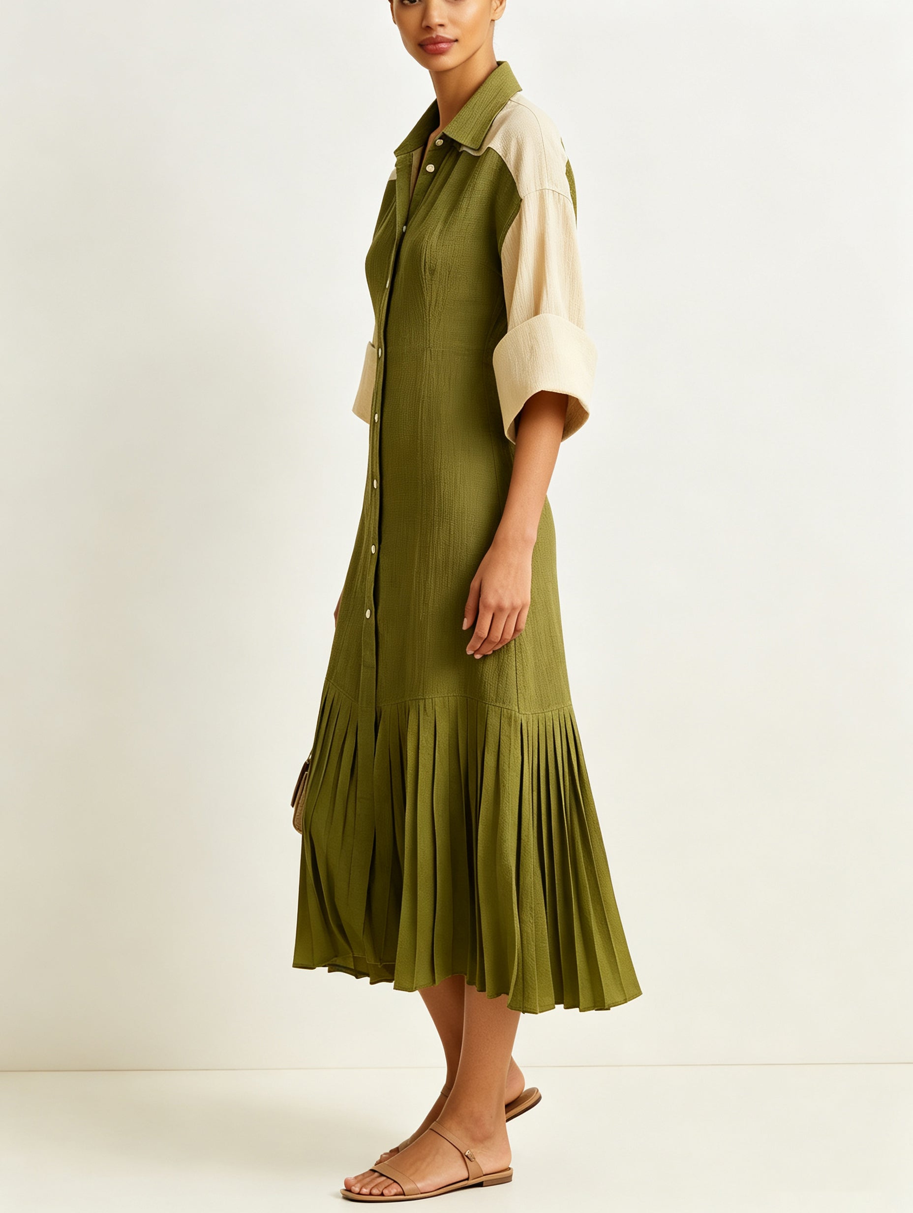 Olive Green Contrast Shirt Dress – Elegant Button Front Midi Dress With Pleated Hem For Women