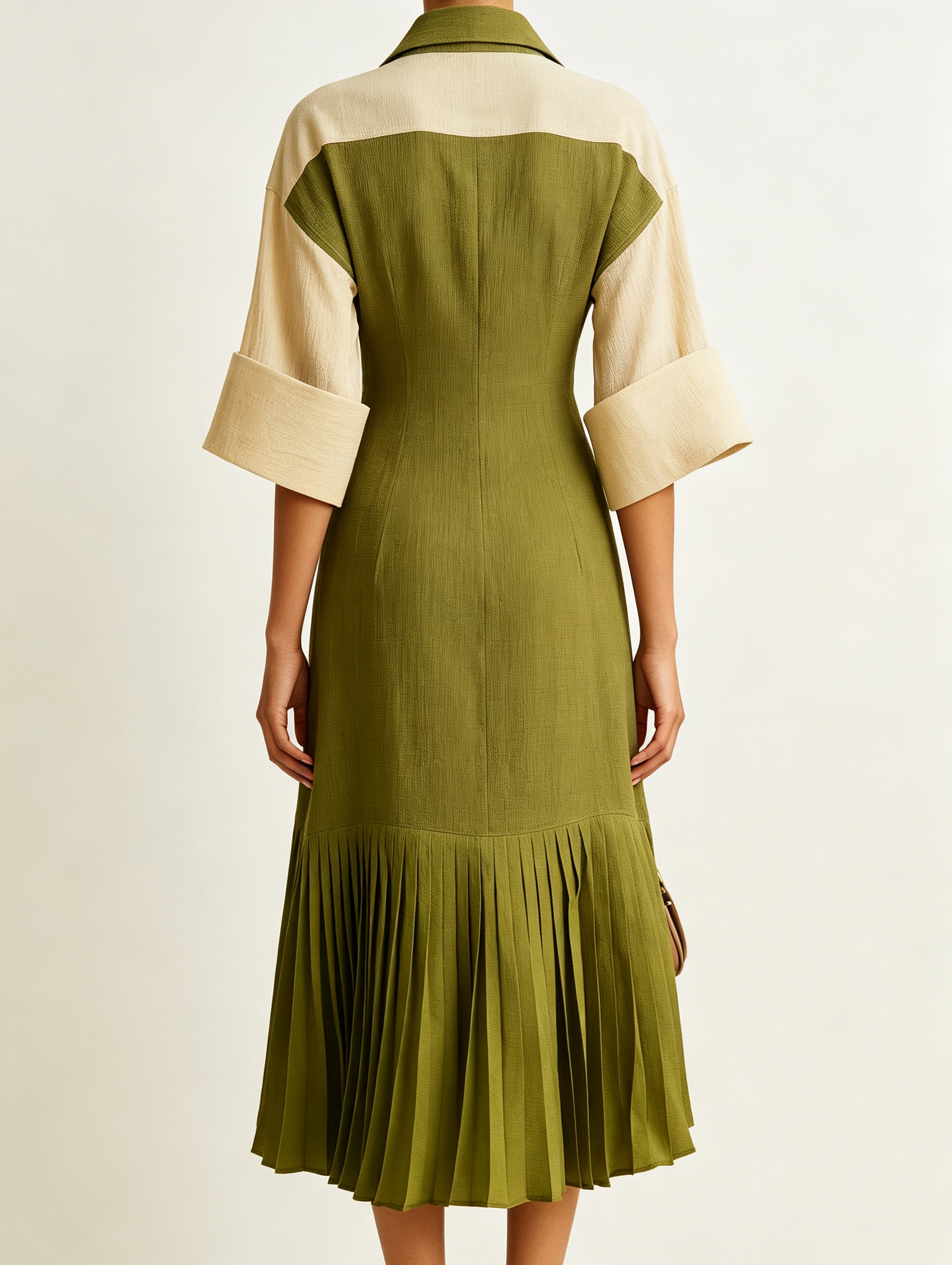 Olive Green Contrast Shirt Dress – Elegant Button Front Midi Dress With Pleated Hem For Women
