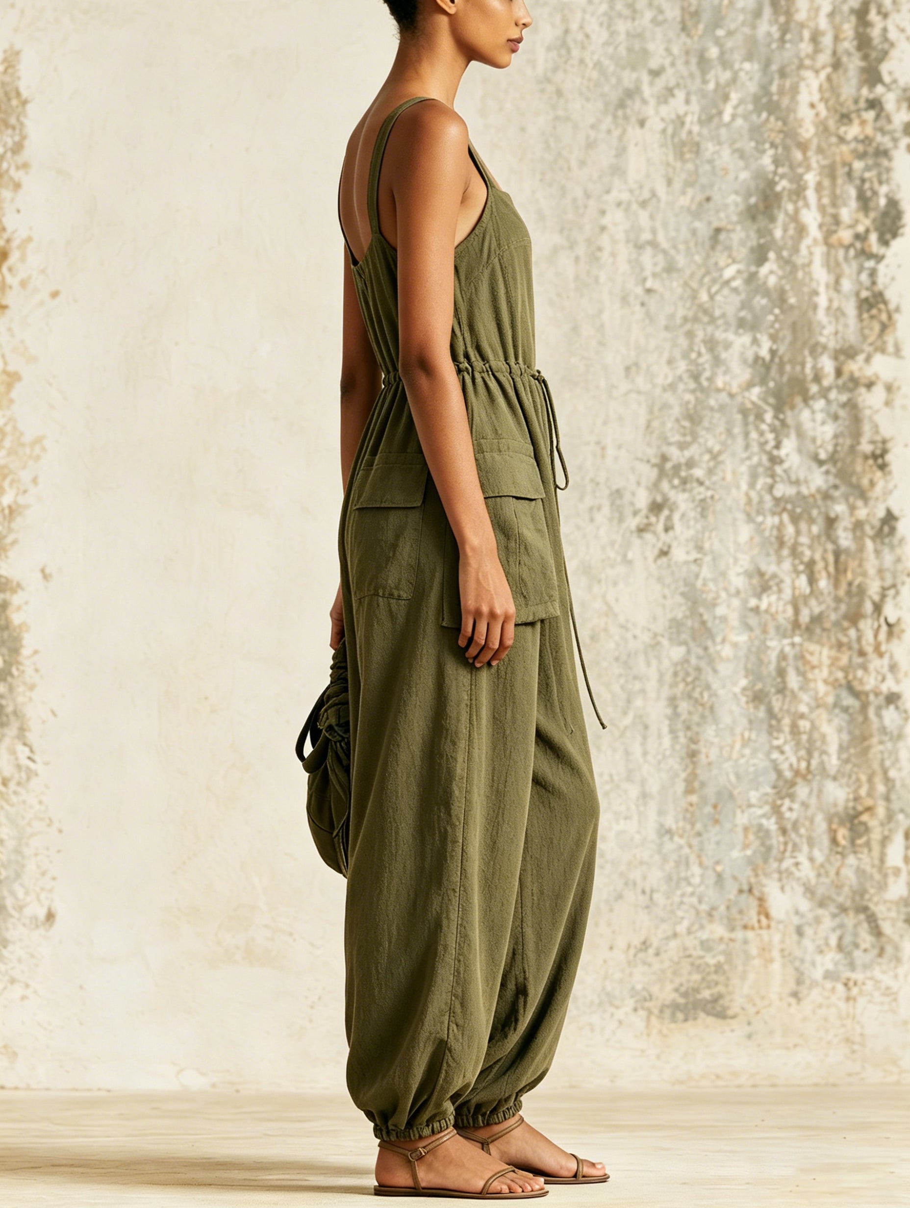 Square Neck Olive Cargo Linen Jumpsuit | Drawstring Waist Pocket Overalls