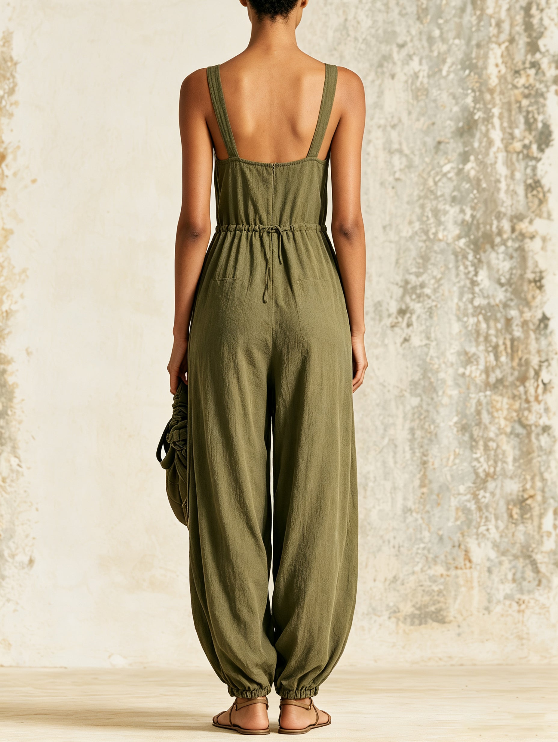 Square Neck Olive Cargo Linen Jumpsuit | Drawstring Waist Pocket Overalls