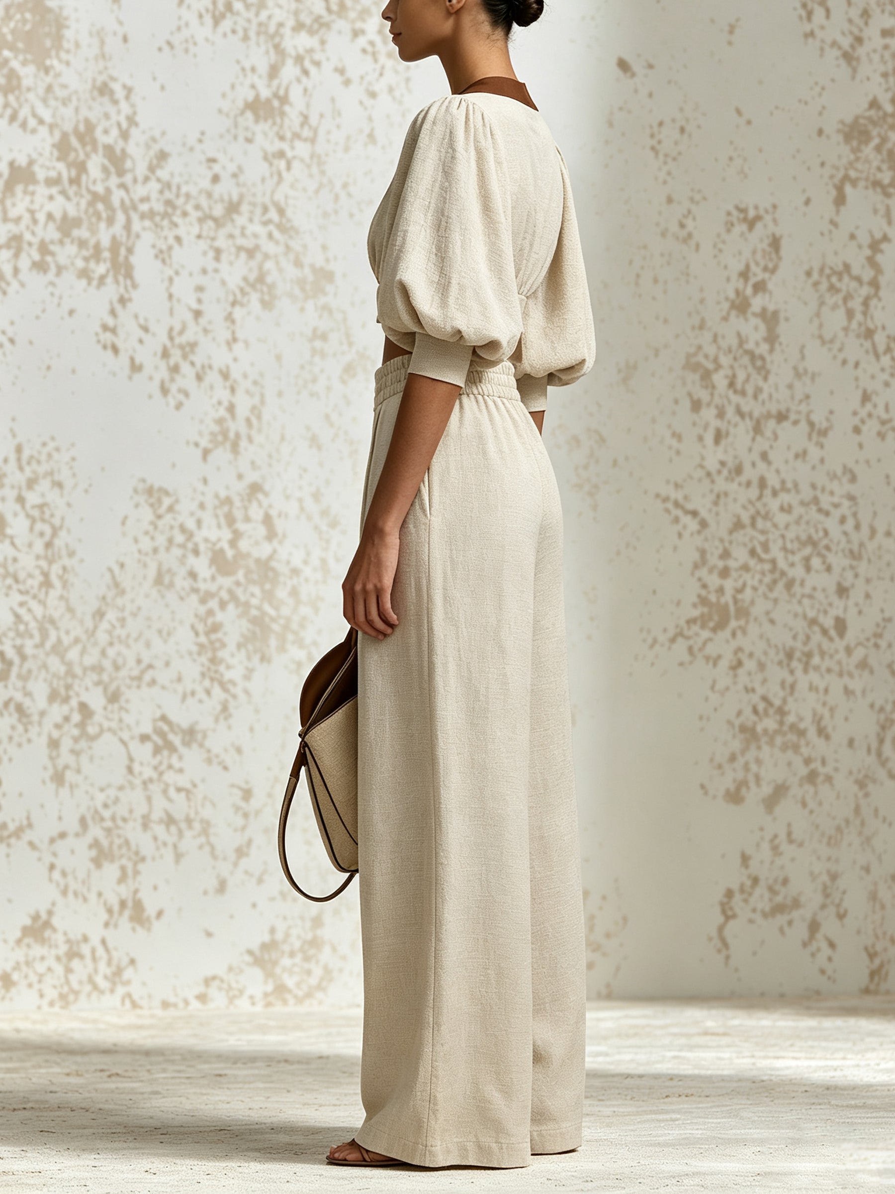 Elegant Beige Two-Piece Trouser Set For Women — V-Neck Puff-Sleeve Cropped Top And High-Waisted Wide-Leg Trousers
