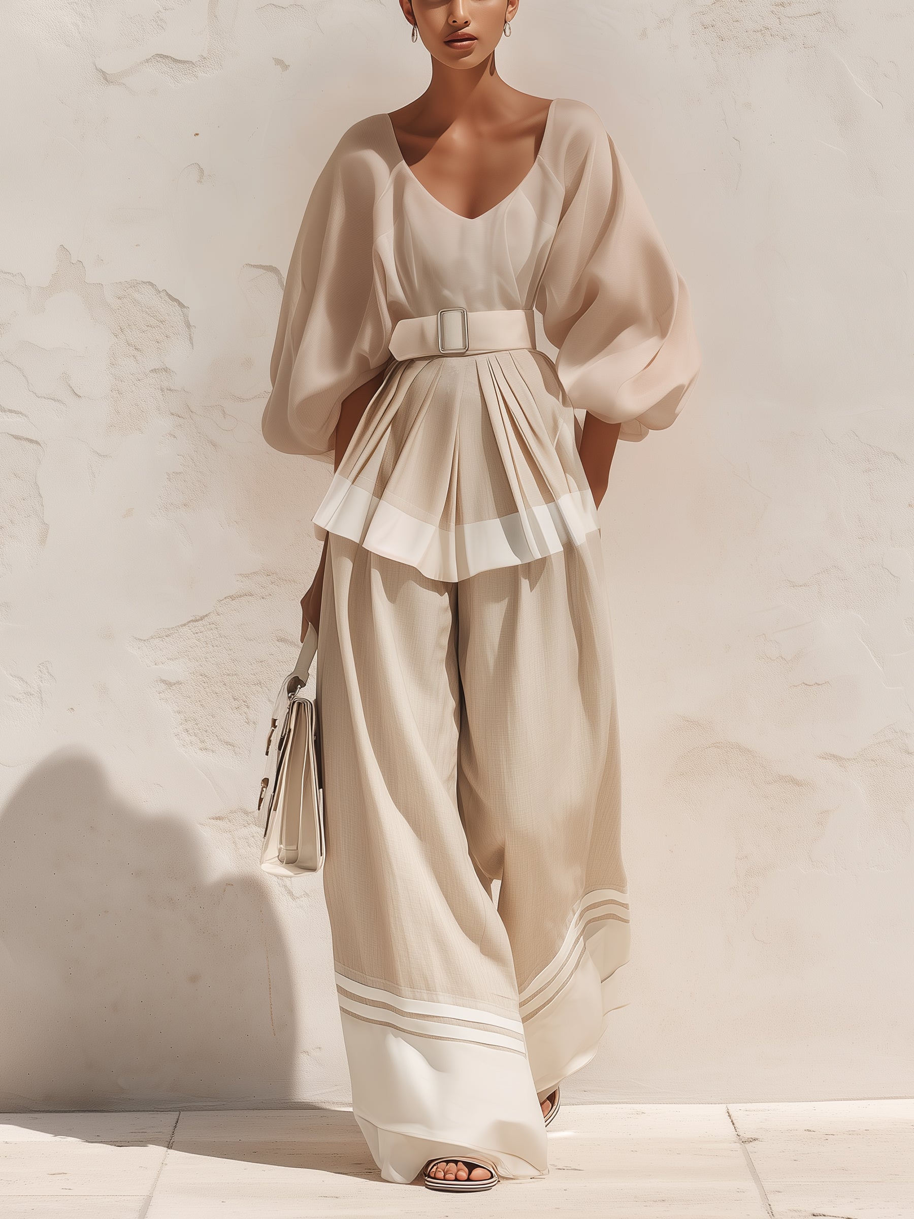 Women's Elegant Cream Two Piece Pants Set – V Neck Puff Sleeve Top With Belted Wide Leg Trousers