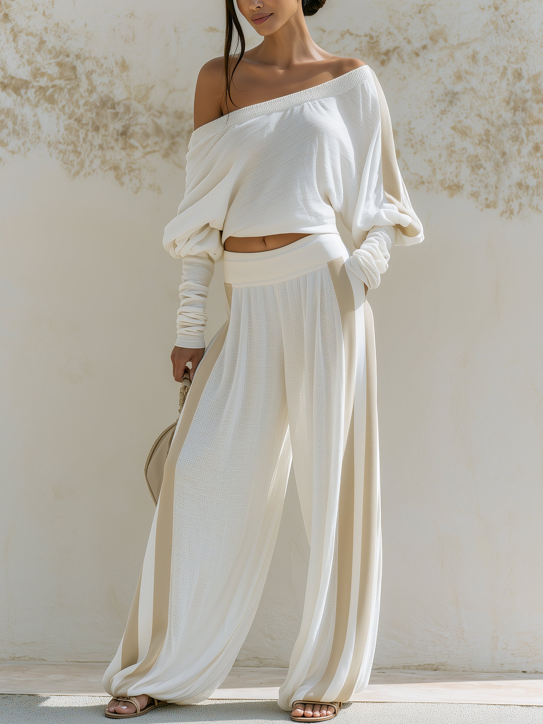 Women’s Off-Shoulder Knit Two-Piece Set With Wide Leg Pants