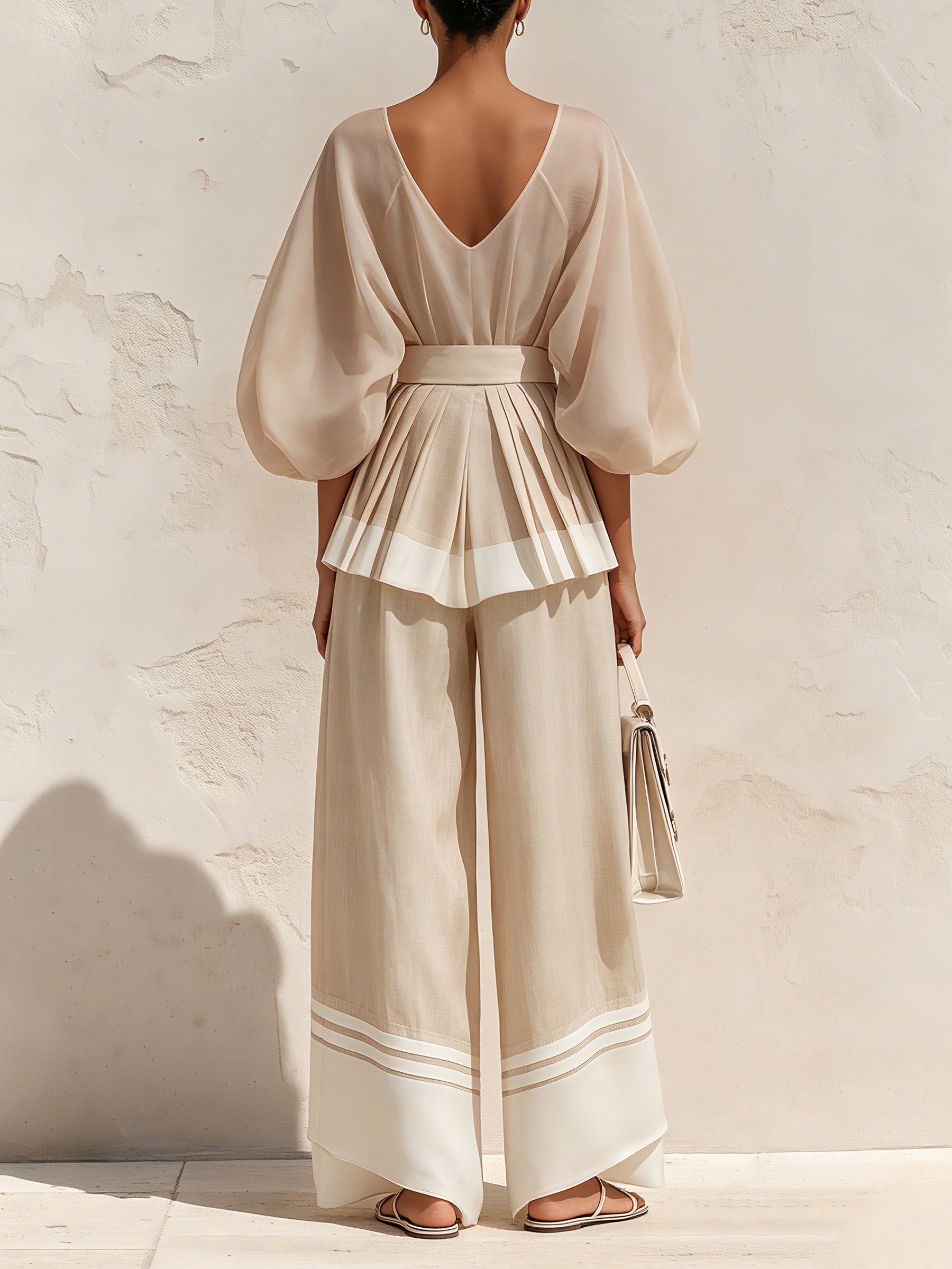 Women's Elegant Cream Two Piece Pants Set – V Neck Puff Sleeve Top With Belted Wide Leg Trousers