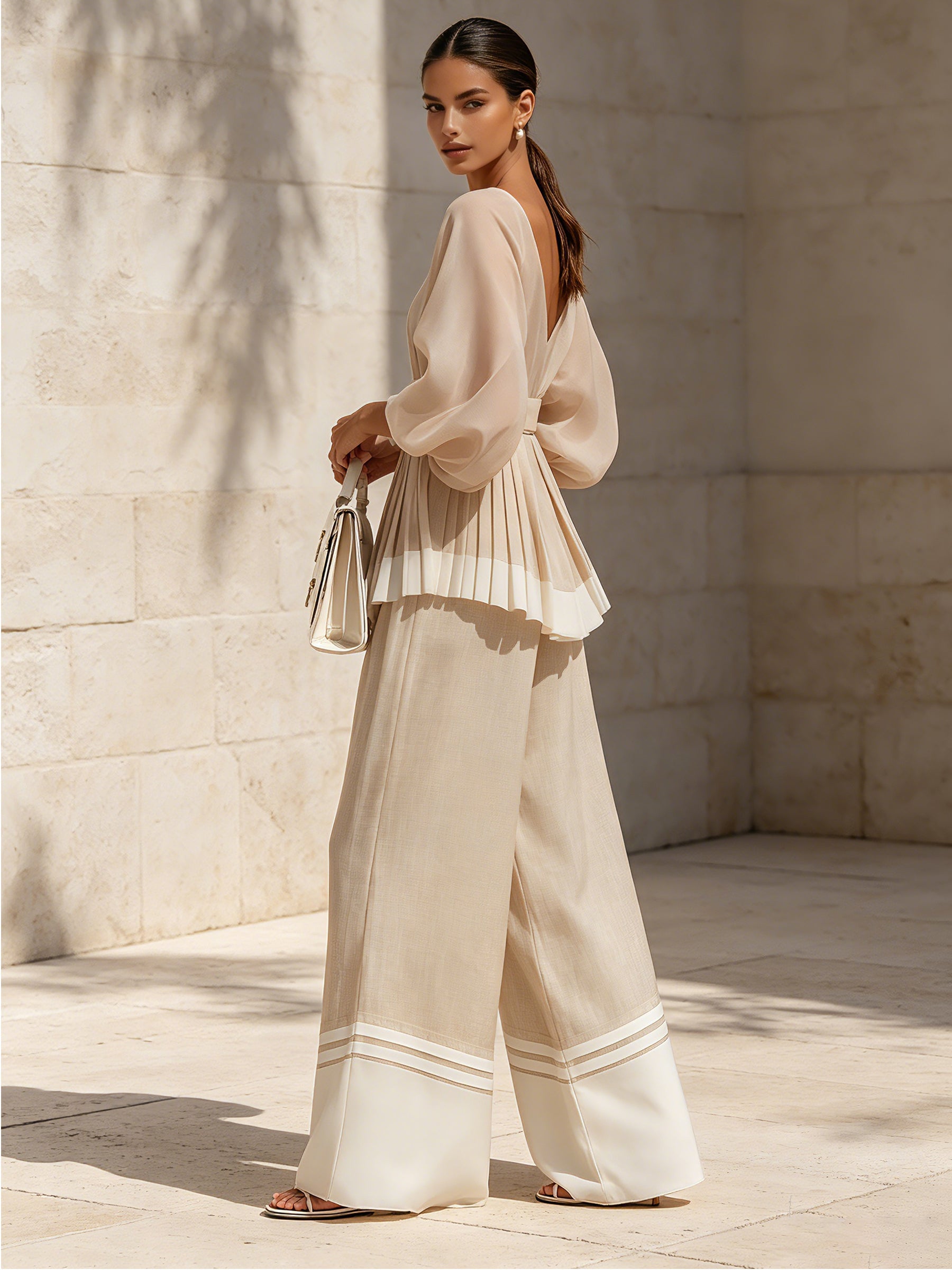 Women's Elegant Cream Two Piece Pants Set – V Neck Puff Sleeve Top With Belted Wide Leg Trousers