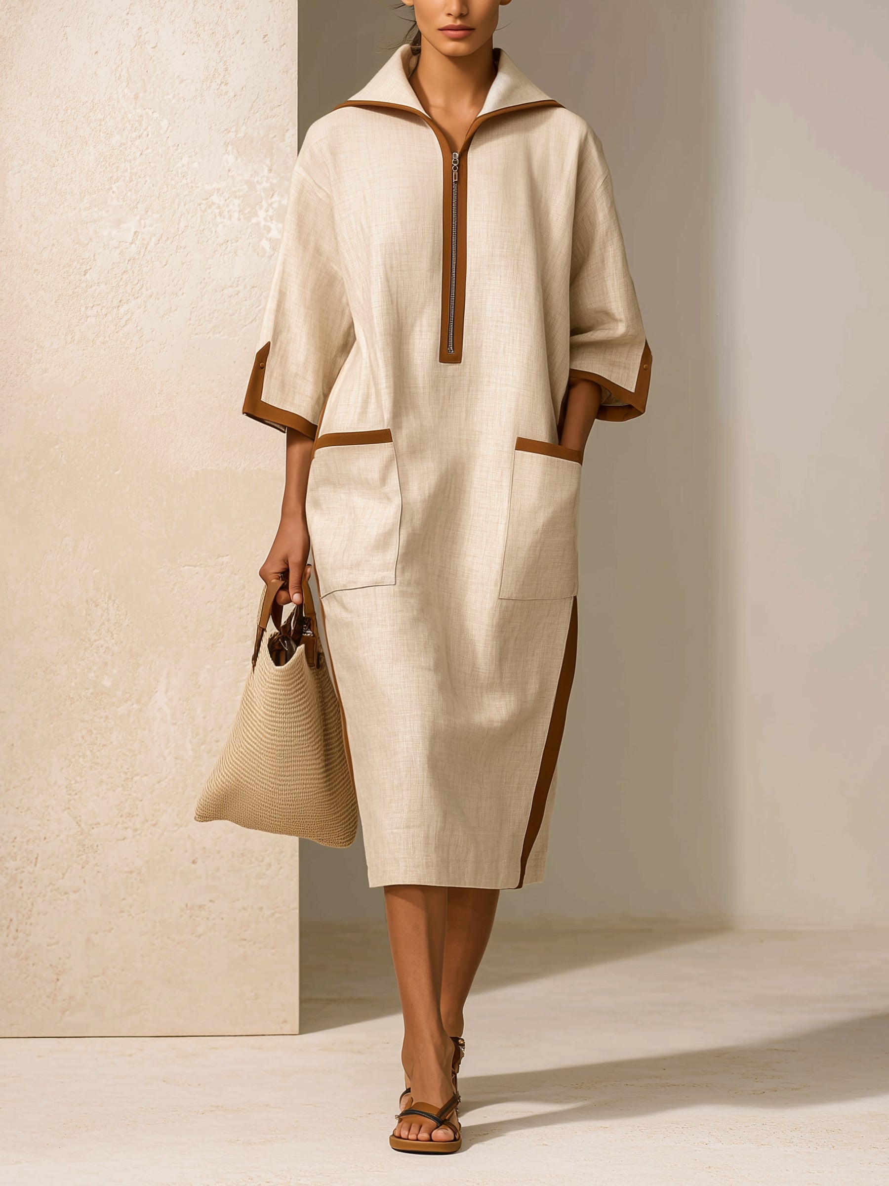 Women's Minimalist Half Zip Midi Dress – Oversized Linen Style Shirt Dress With Contrast Trim Pockets