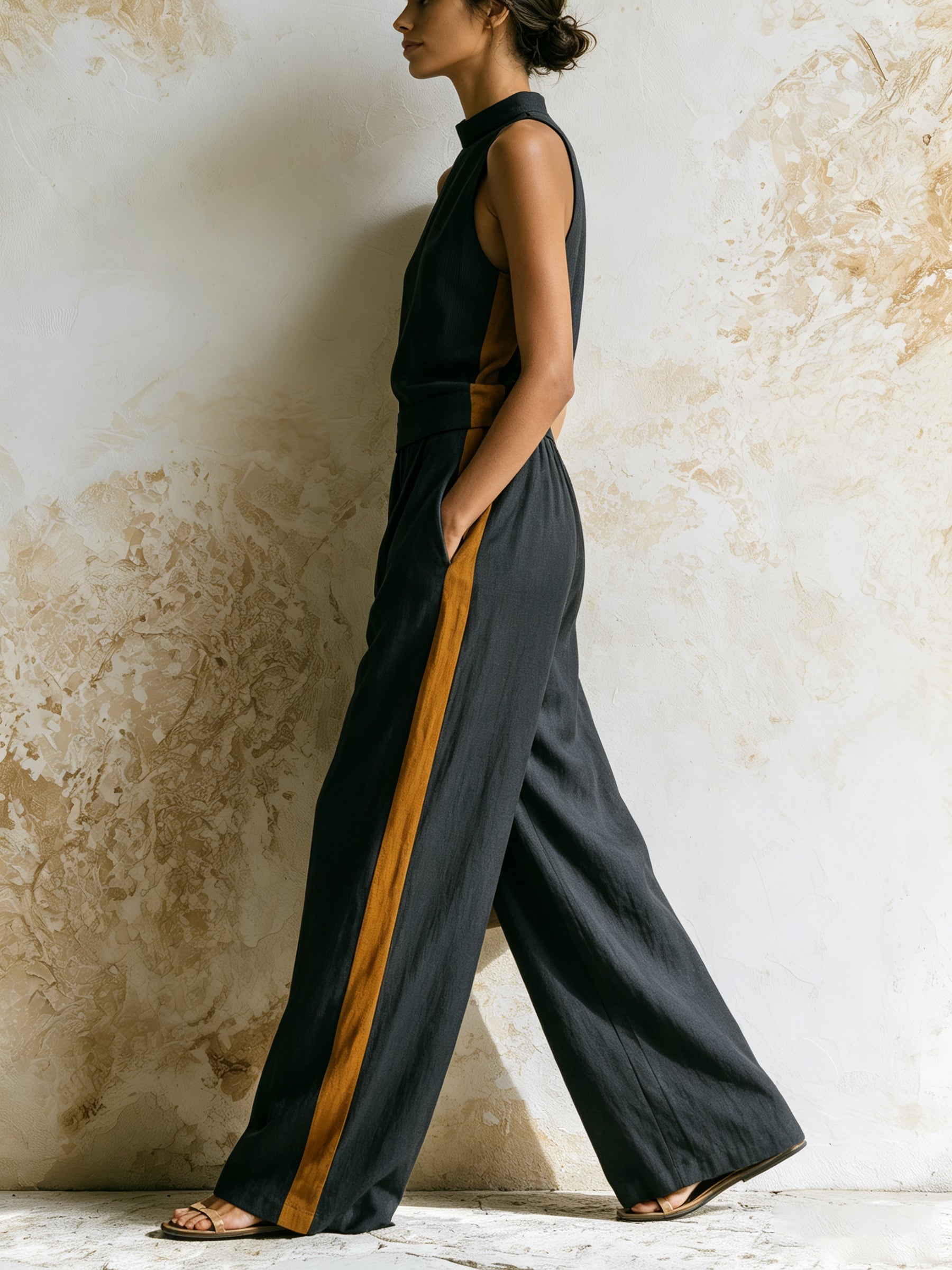 Women’s Sleeveless High Neck Top & Wide Leg Pants Set with Contrast Stripe