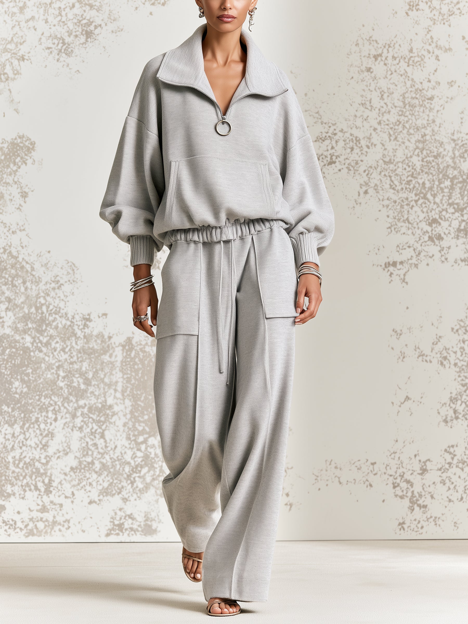 Cloud Essential Lounge Set – Oversized Half-Zip Pullover & Wide Leg Cargo Pants Set