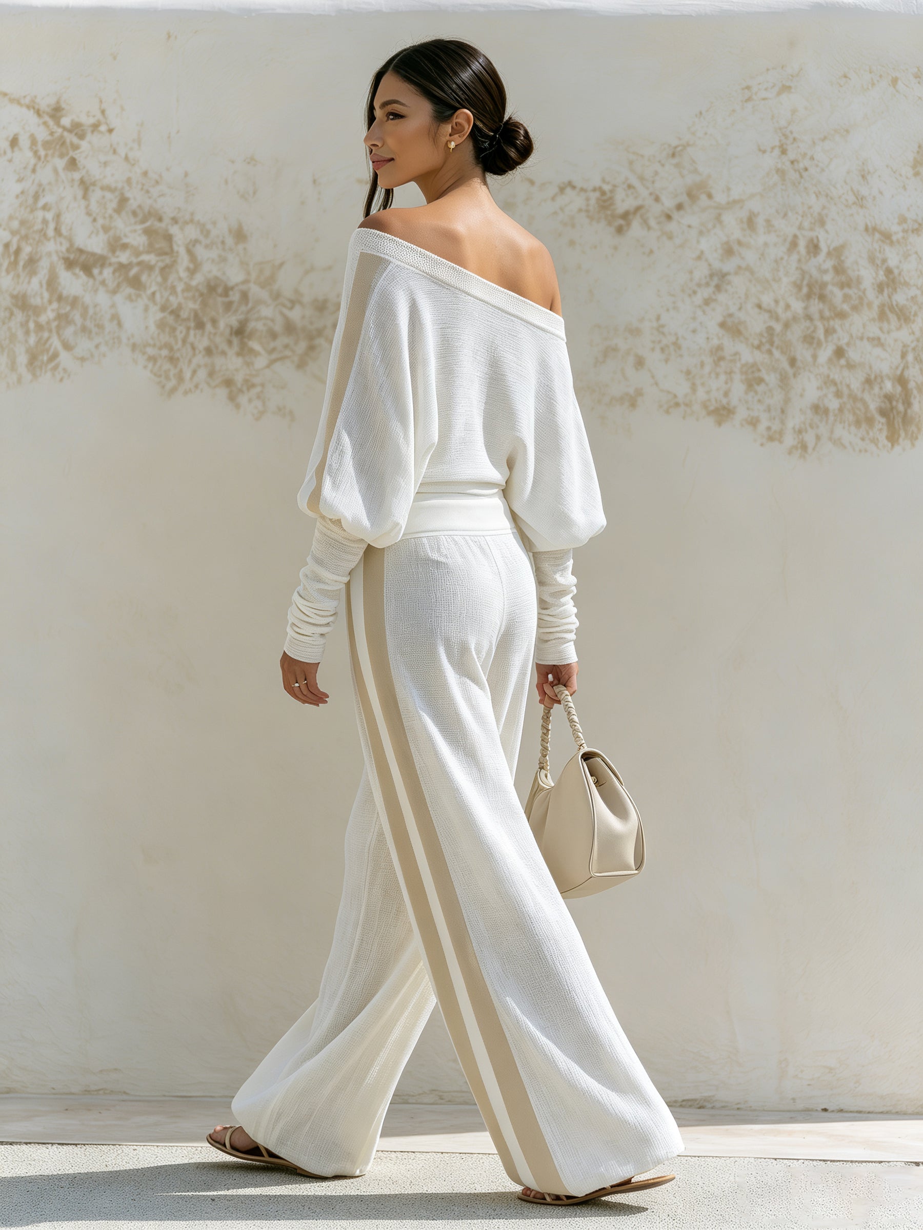 Women’s Off-Shoulder Knit Two-Piece Set With Wide Leg Pants