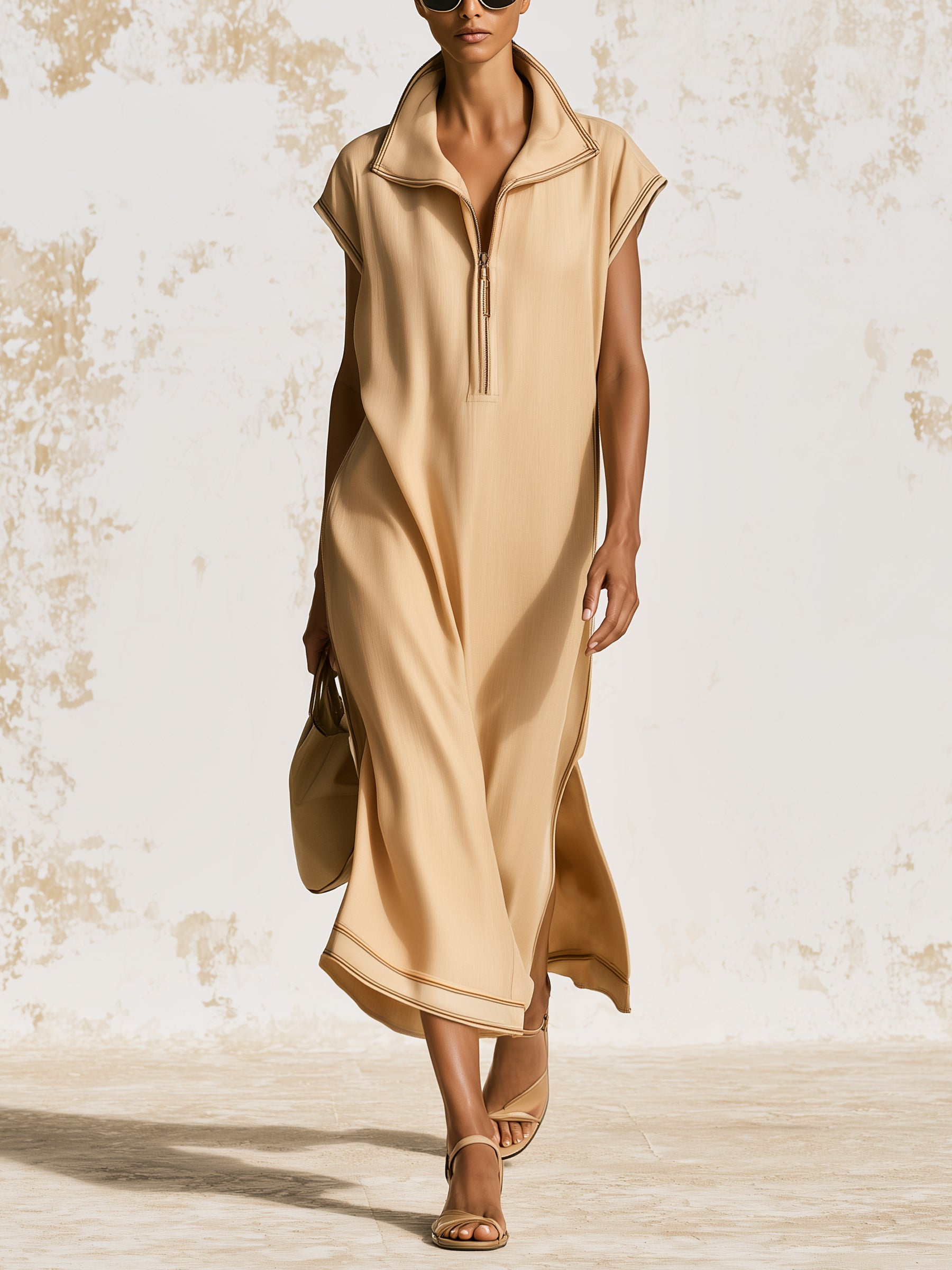 Luna Sandstone Zip Maxi Dress – Minimalist Oversized Collar Kaftan Dress