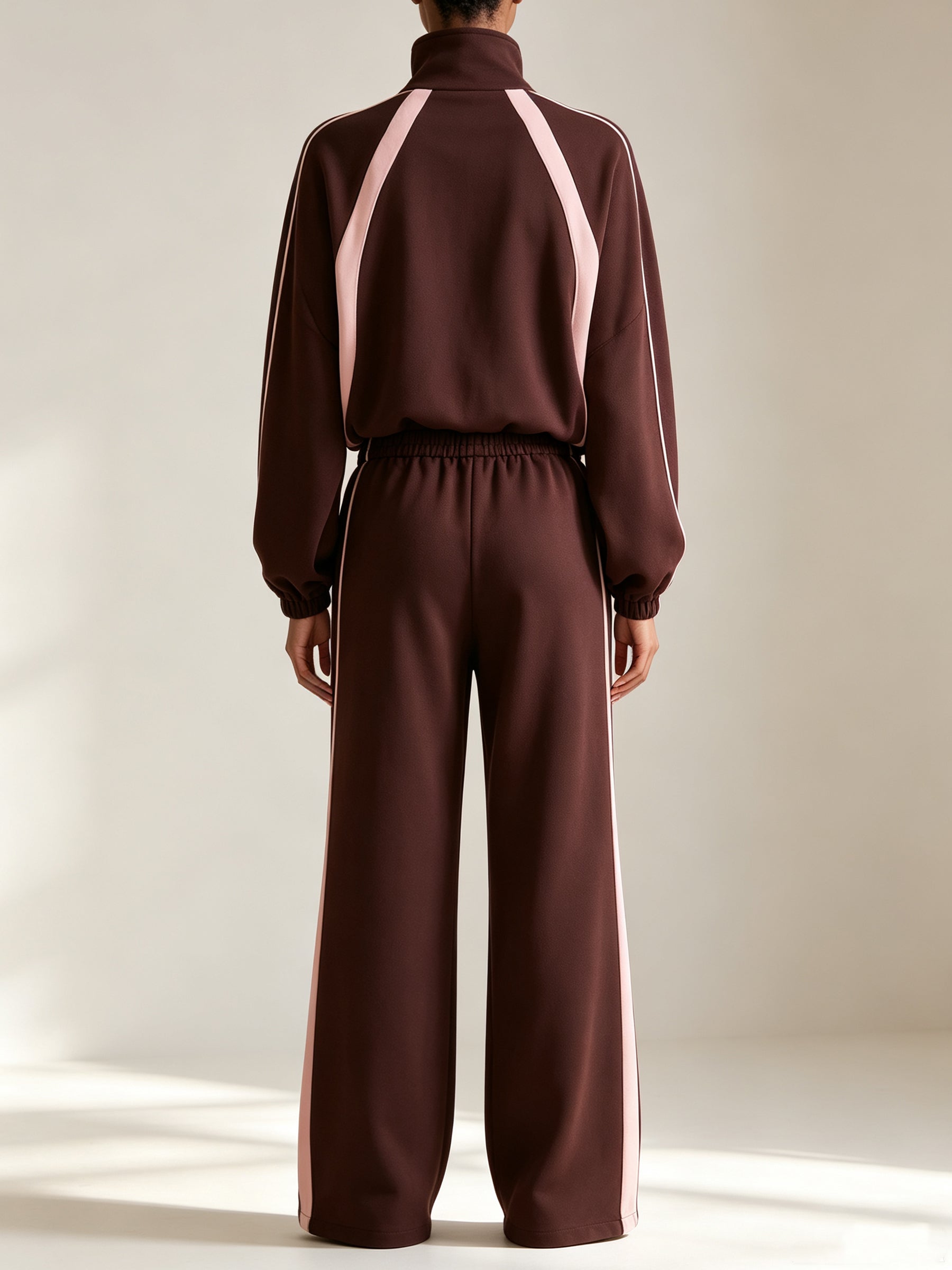 Cocoa Luxe Track Set – Contrast Stripe Half-Zip Pullover & Wide Leg Pants Set