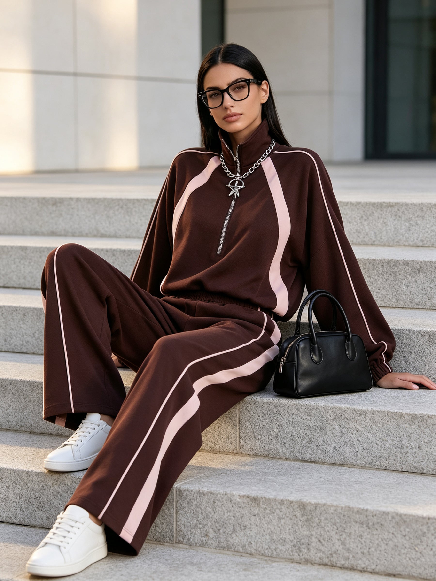 Cocoa Luxe Track Set – Contrast Stripe Half-Zip Pullover & Wide Leg Pants Set