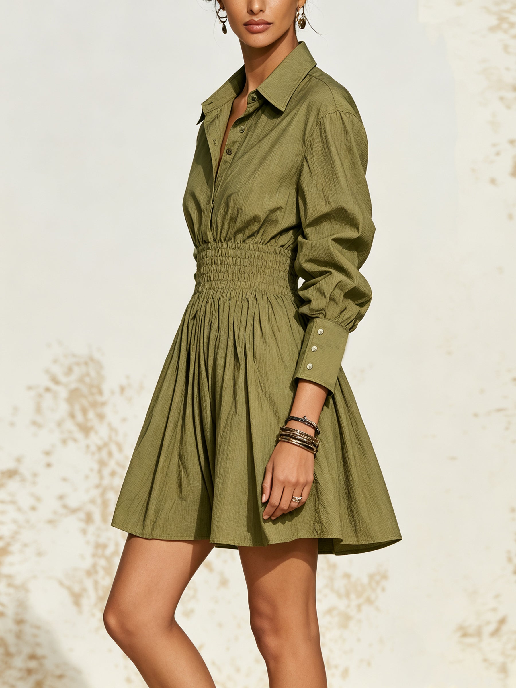 Olive Grace Shirred Waist Mini Dress – Elegant Long Sleeve Button-Up Shirt Dress