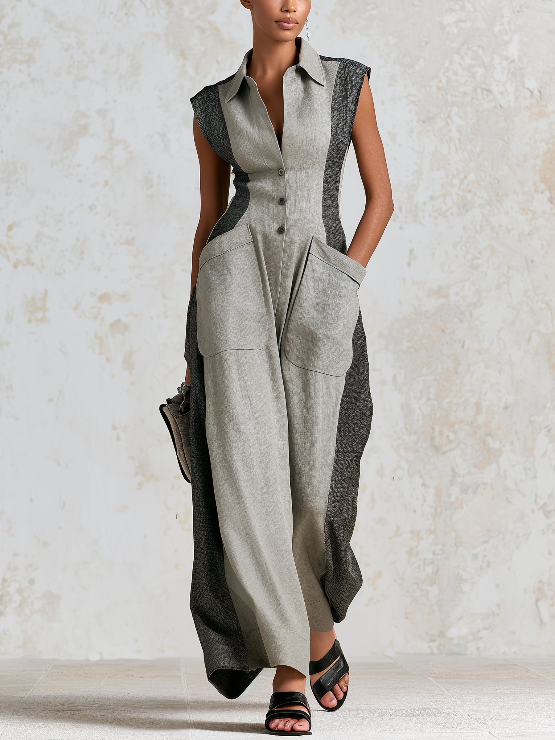 Women's Color-Block Sleeveless Jumpsuit – Elegant, Slim-Fit Wide-Leg Jumpsuit With Functional Pockets