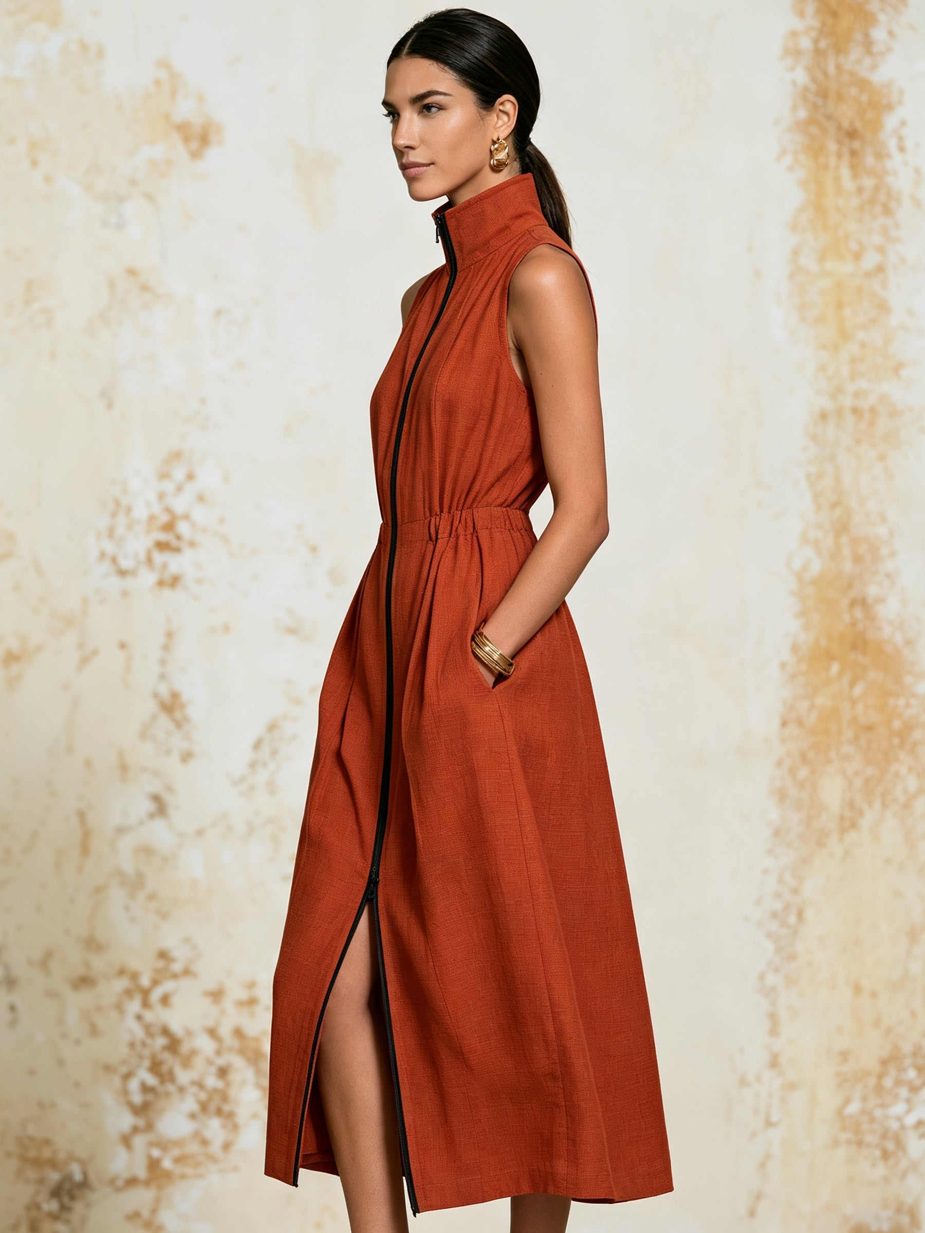 Ust Linen Sleeveless Zip Front Midi Dress