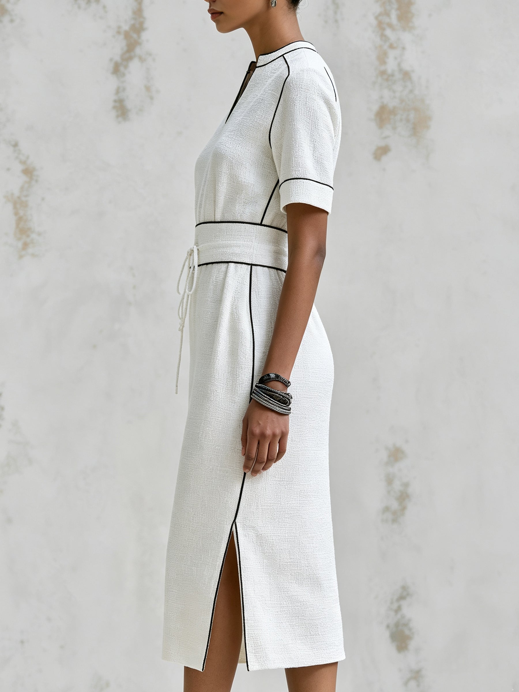 Elegant Contrast Piping White Linen Midi Dress