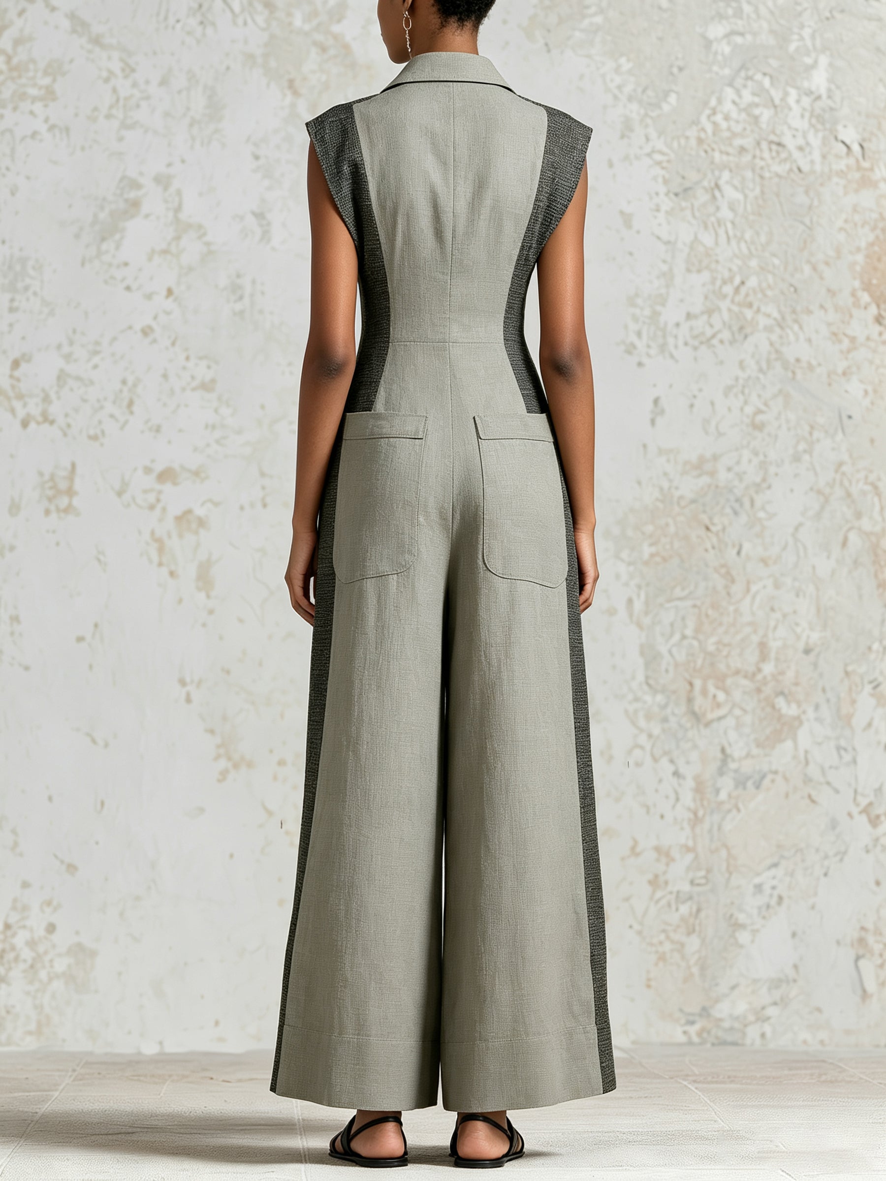 Women's Color-Block Sleeveless Jumpsuit – Elegant, Slim-Fit Wide-Leg Jumpsuit With Functional Pockets