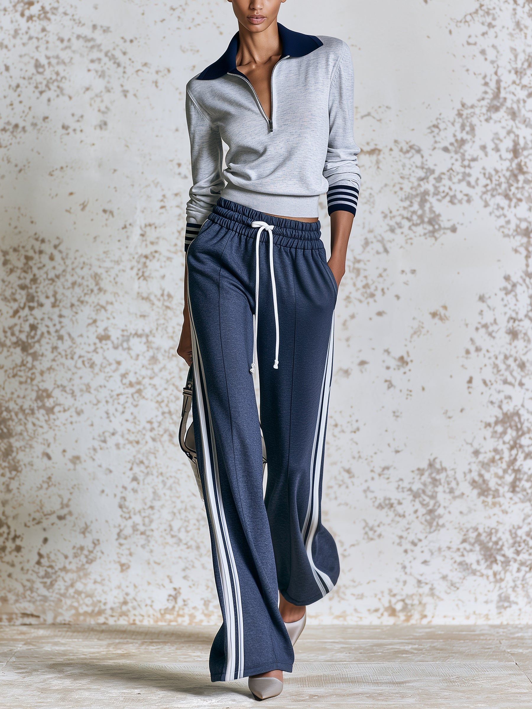 Women's Two-Piece Athleisure Set – Half-Zip Pullover And Side-Stripe Wide-Leg Sweatpants