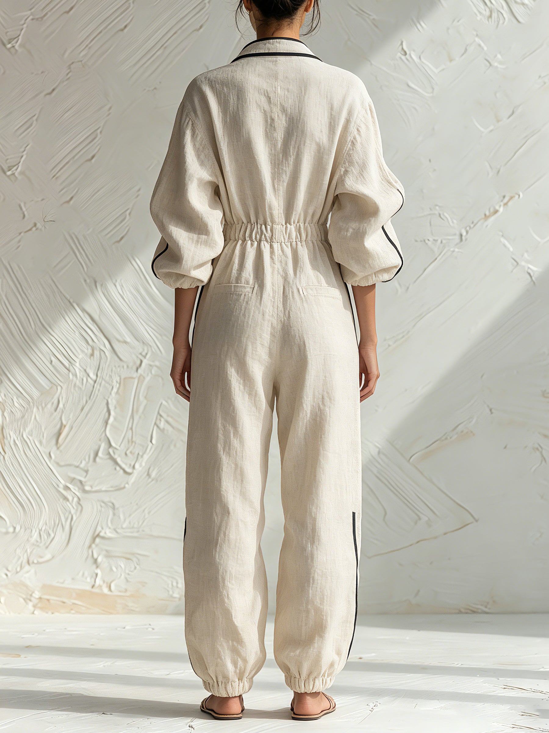 Women’s Oversized Linen Utility Jumpsuit Stand Collar Long Sleeve Drawstring Cuff Lounge Romper With Pockets