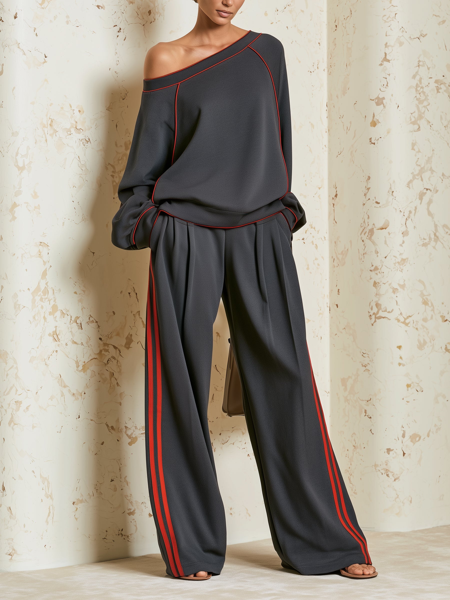 Women’s Off-Shoulder Contrast Stripe Two-Piece Set With Wide Leg Pants